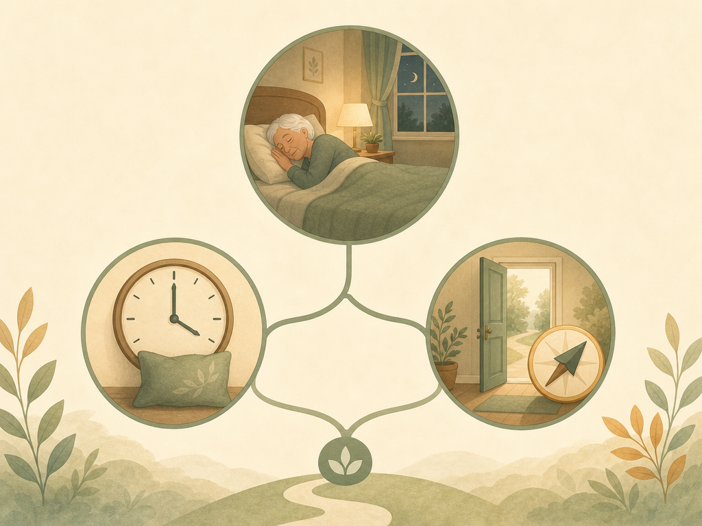 An editorial illustration with three simple icons: a bedroom scene with a sleeping figure, a clock with a rest symbol, and a doorway with a compass arrow, arranged in a gentle decision-pathway layout.