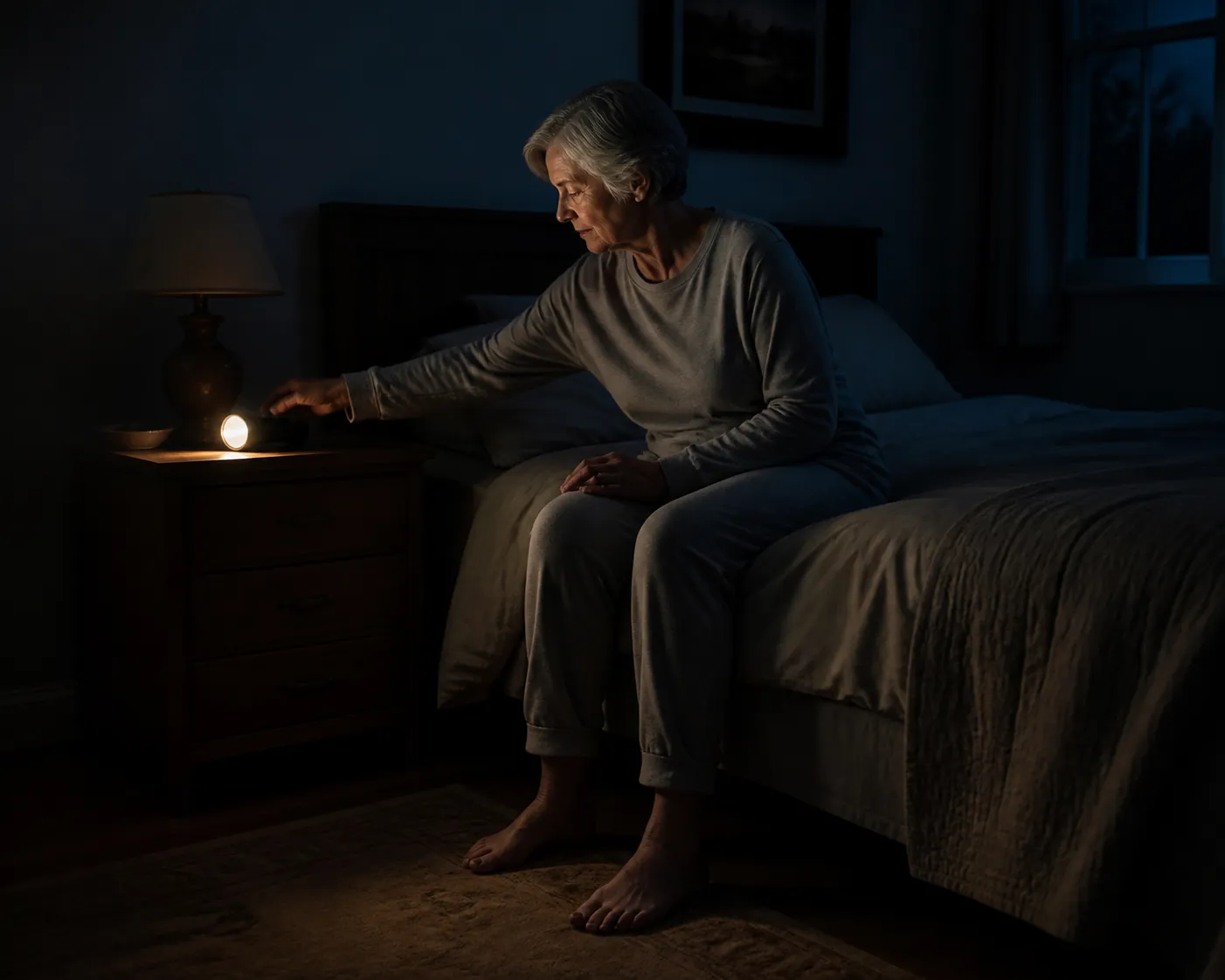 Older adult seated on the edge of a bed reaching for a glowing flashlight before standing during a power outage