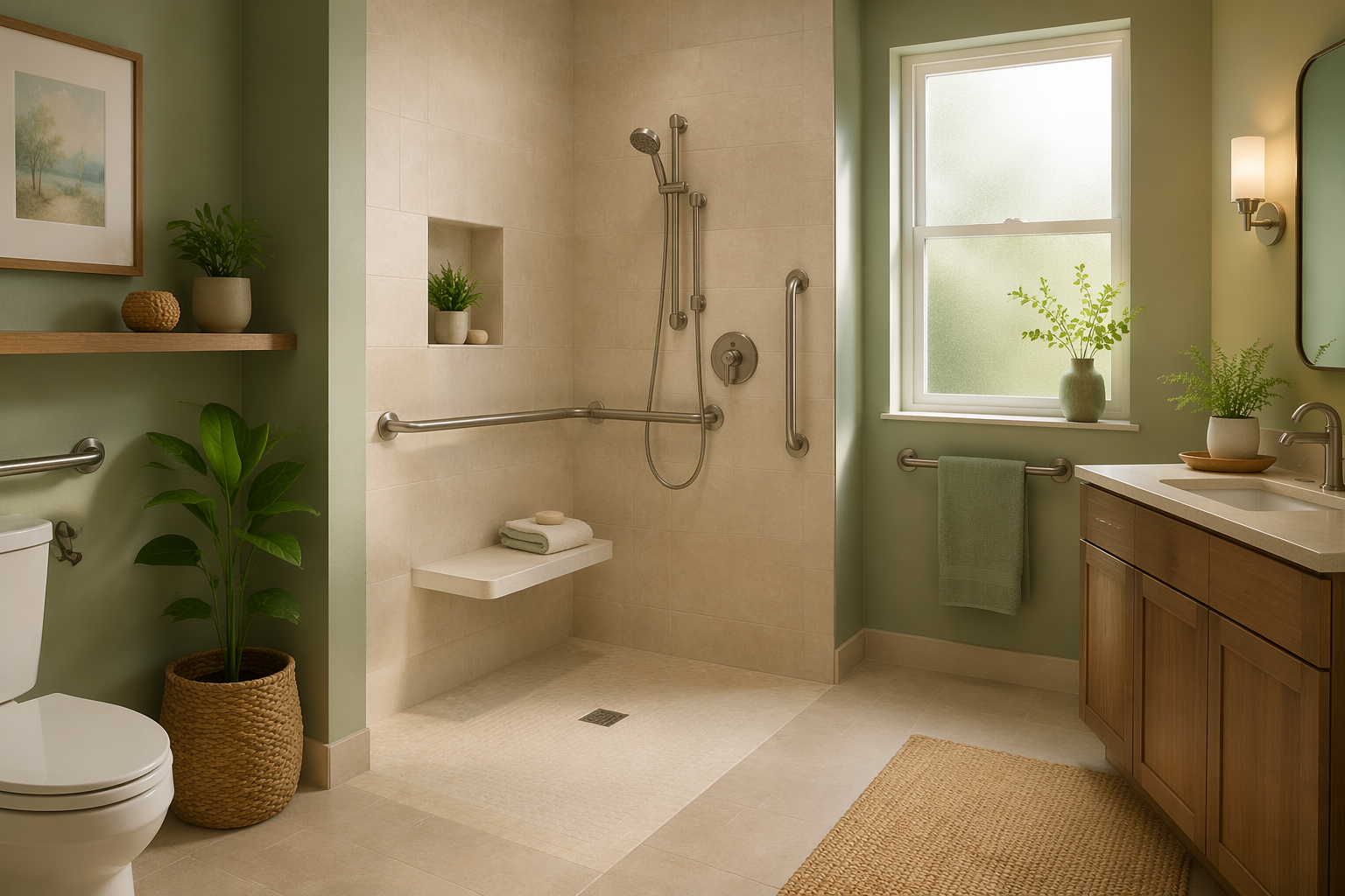 A bright, modern accessible bathroom with a curbless walk-in shower featuring a built-in seat, brushed nickel grab bars, handheld showerhead, and non-slip flooring in warm earth tones and sage green.