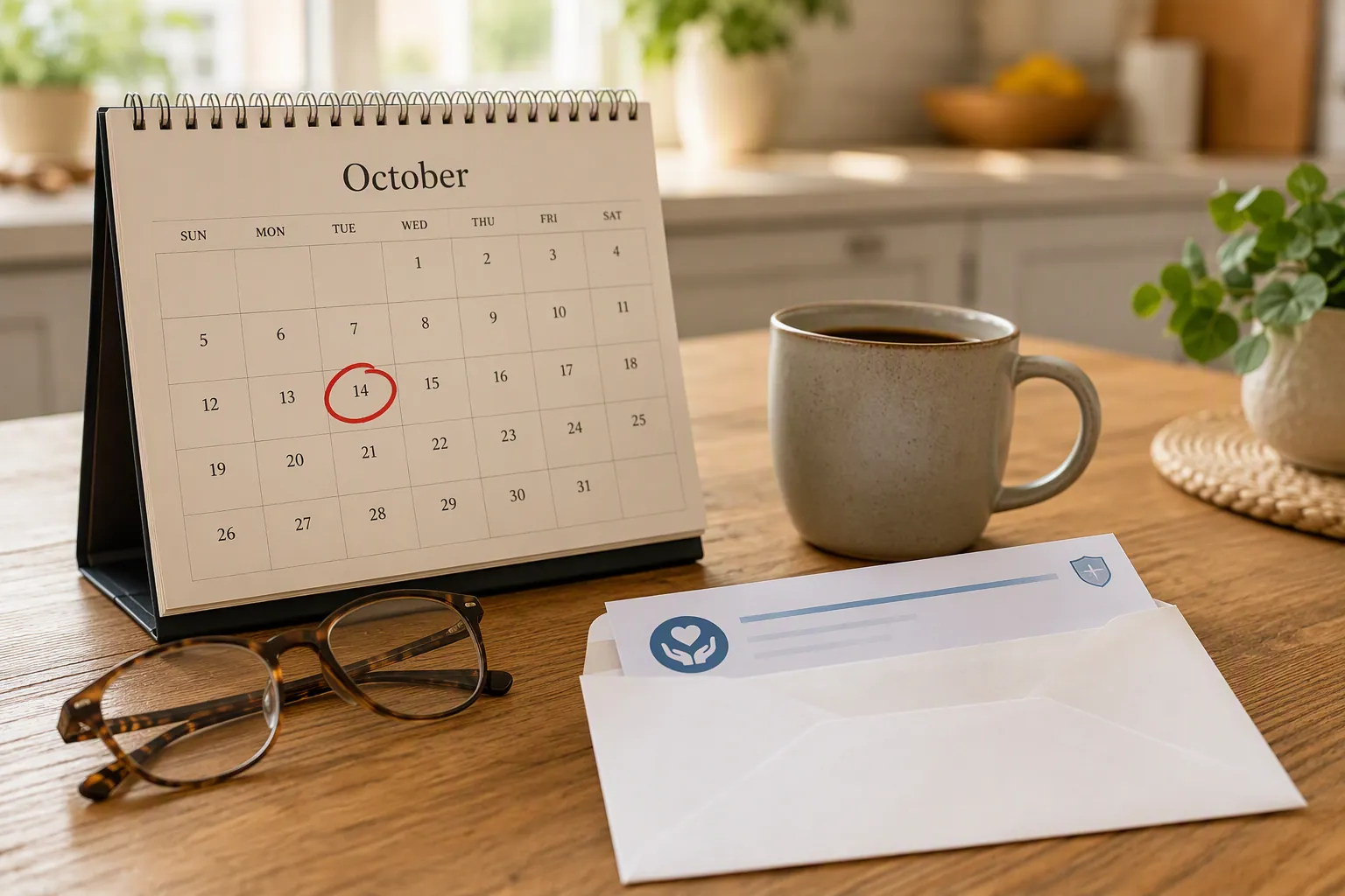 Kitchen table with October 14 circled on a wall calendar, reading glasses, coffee, and a benefits-statement envelope