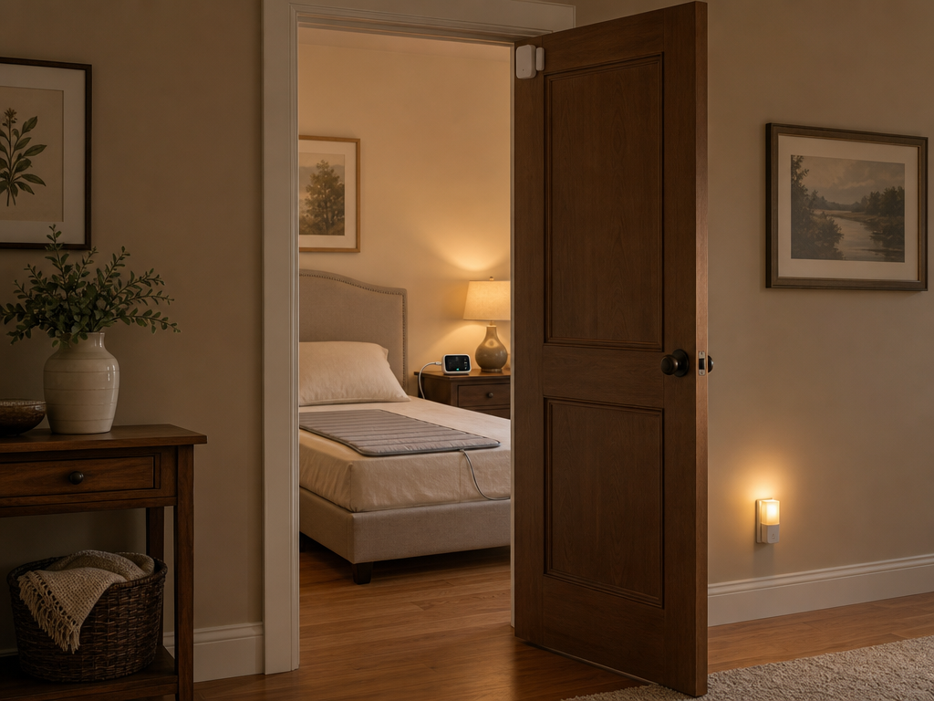 A calm residential bedroom doorway with discreet dementia home safety modifications: a small wireless door alarm sensor near the top of the door frame, a warm motion-sensor nightlight glowing near the baseboard on the wall, and through the doorway a bed with a thin pressure sensor pad on the mattress connected to a monitor on a nightstand, all in soft warm residential lighting.