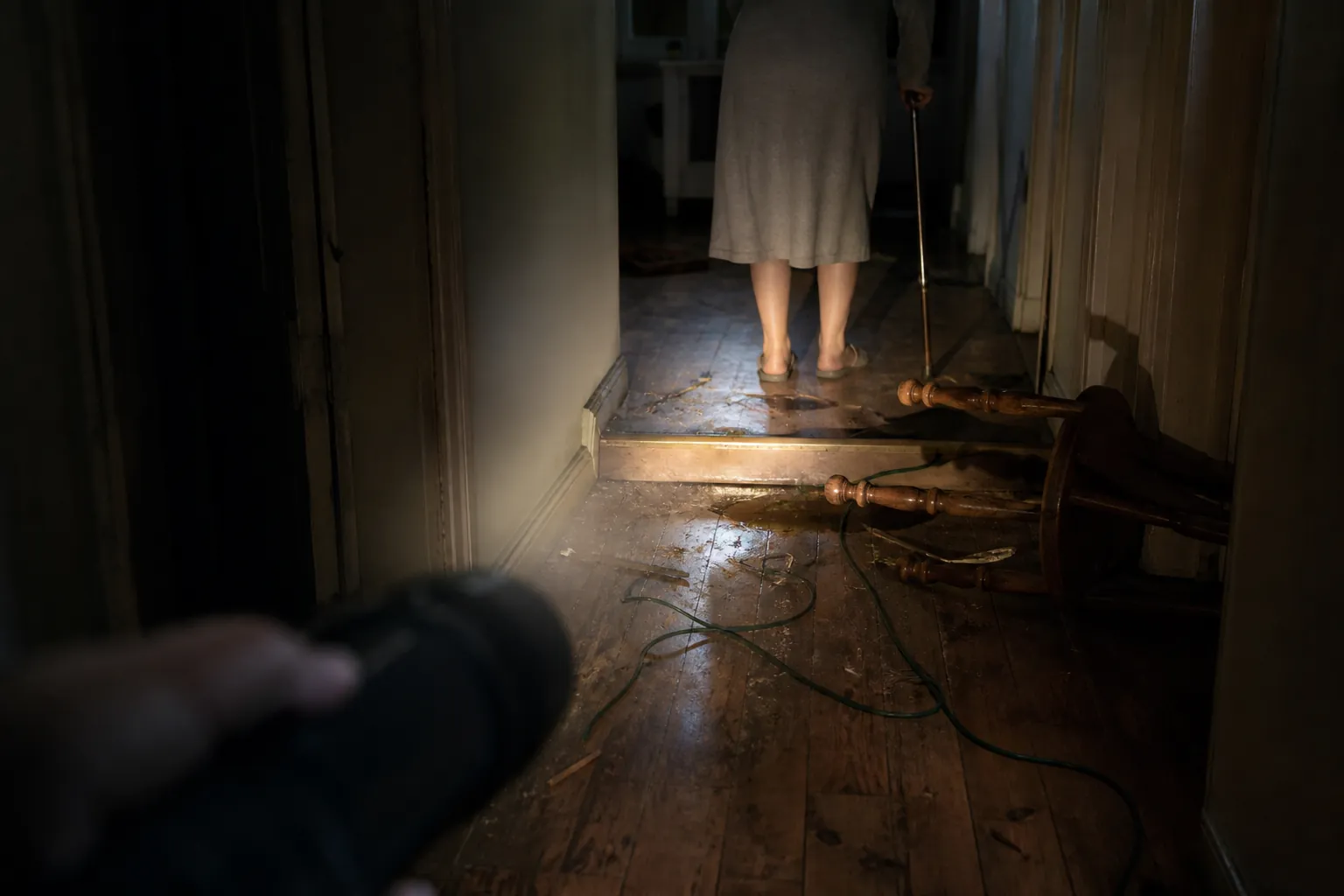 Dim storm-damaged hallway with debris, wet floor patches, an extension cord, a raised threshold, and an older adult faintly visible in the distance