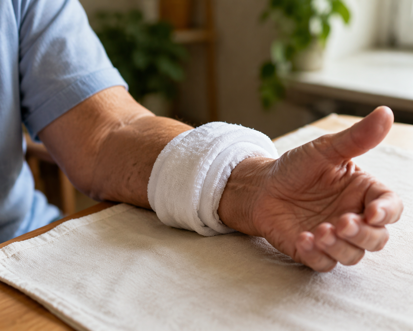Cool damp cloth wrapped around an older adult's wrist for pulse-point cooling
