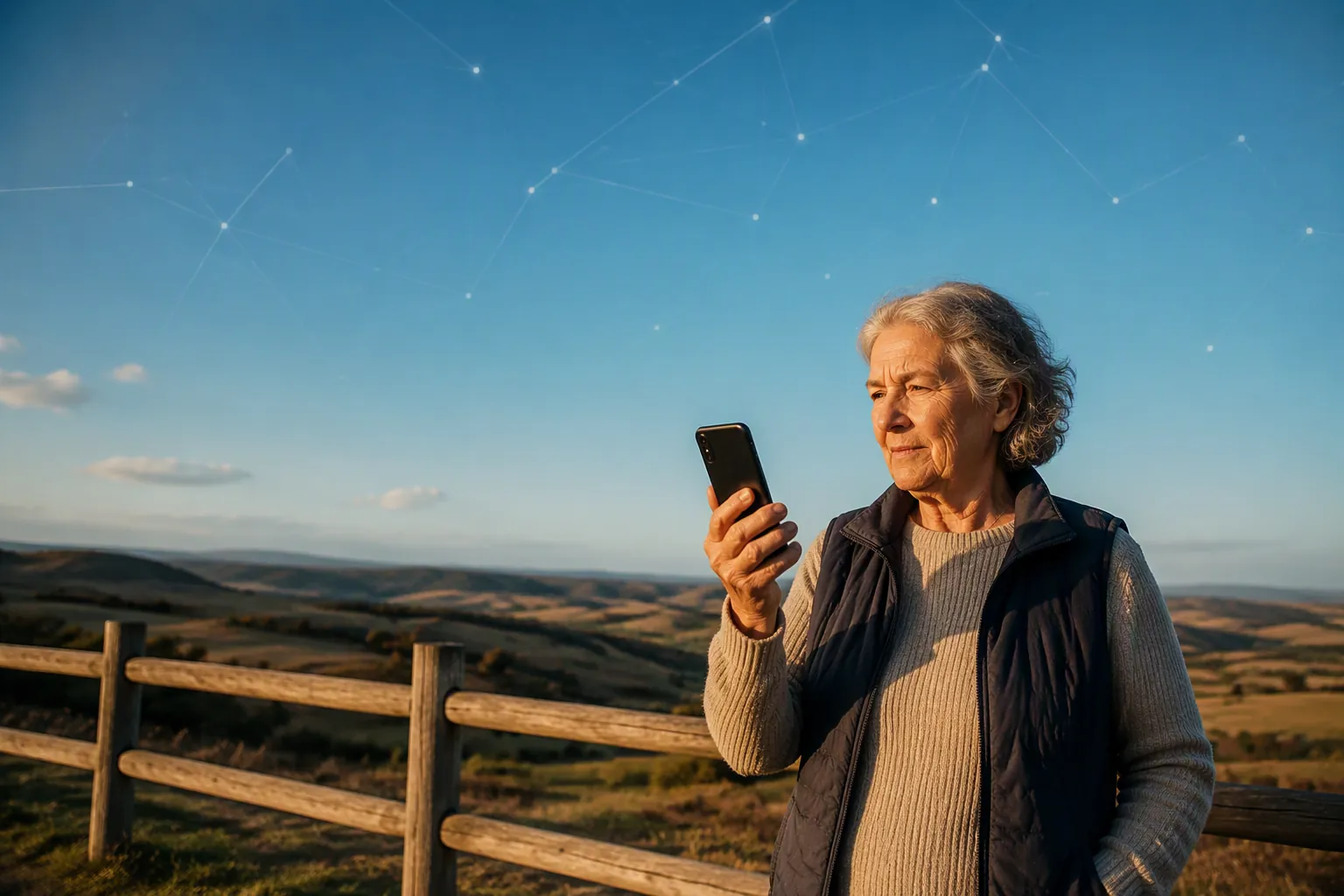 Older adult outdoors in an open rural landscape using a smartphone with subtle satellite connectivity lines in the sky