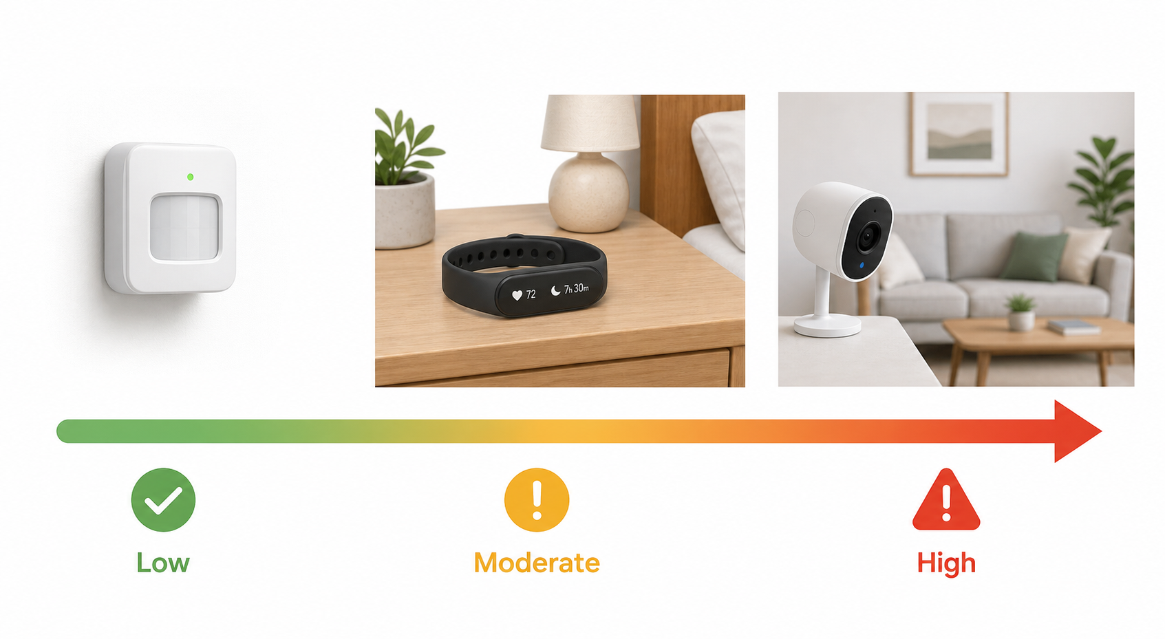 A clean editorial illustration with three monitoring technology icons on a spectrum from left to right: a small passive motion sensor labeled 'Low' with a green checkmark, a wearable wristband labeled 'Moderate' with a yellow symbol, and a small camera labeled 'High' with a red caution symbol.