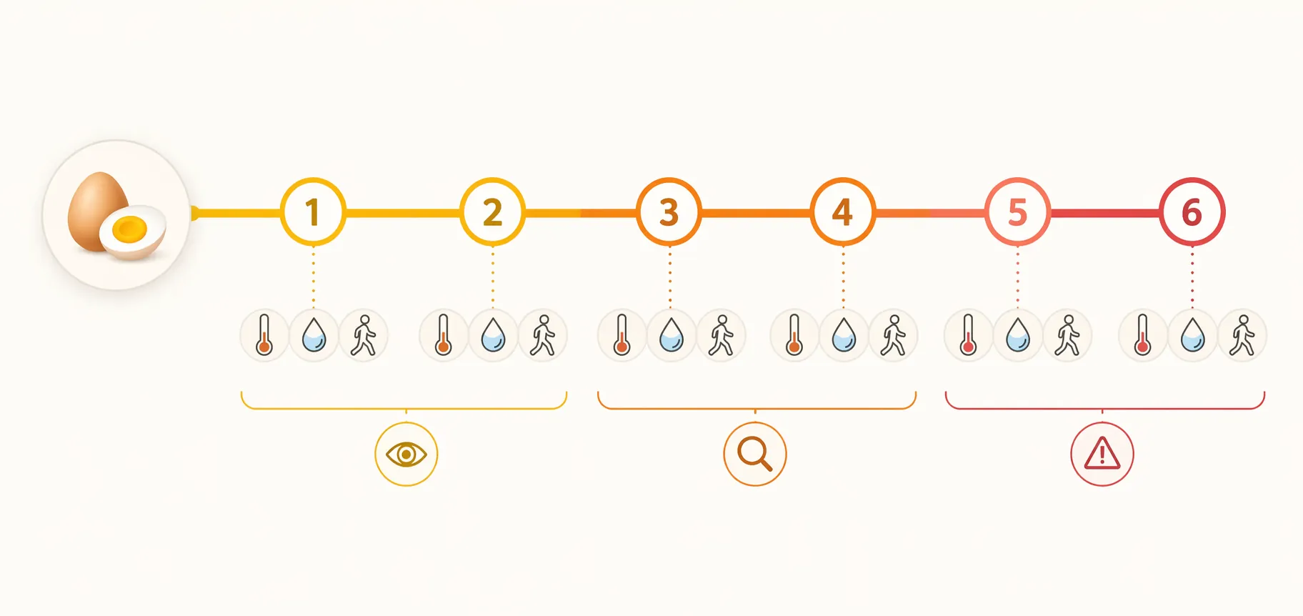 Six-day monitoring timeline with icons for temperature, hydration, and standing ability