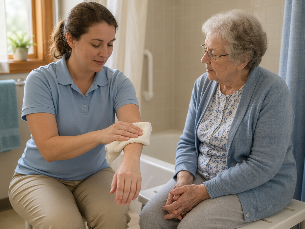 A caregiver in a warm bathroom demonstrates a washcloth motion to an older adult with dementia seated on a tub bench, illustrating the watch-me cueing technique