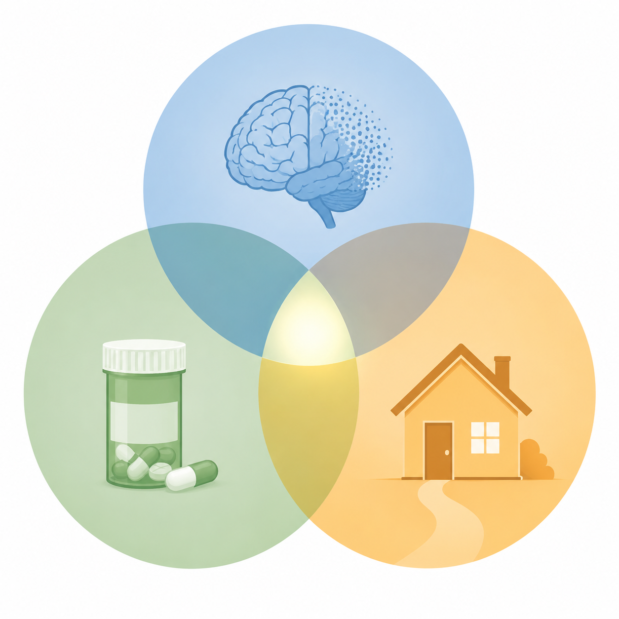 Venn diagram showing dementia stage, medication complexity, and caregiving distance as the three factors in choosing a dispenser