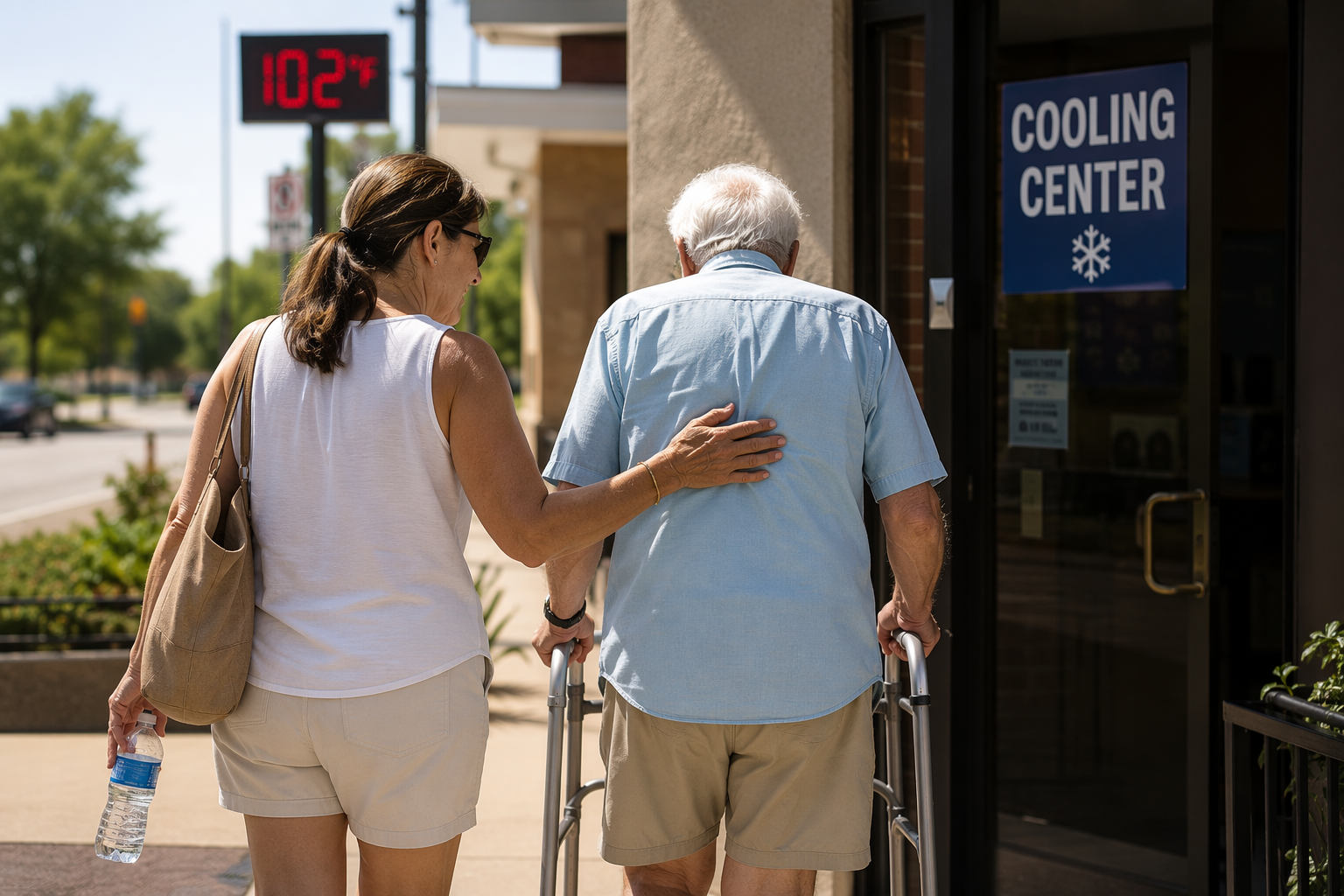 Adult daughter guiding her elderly father with a walker toward a community cooling center on a hot day
