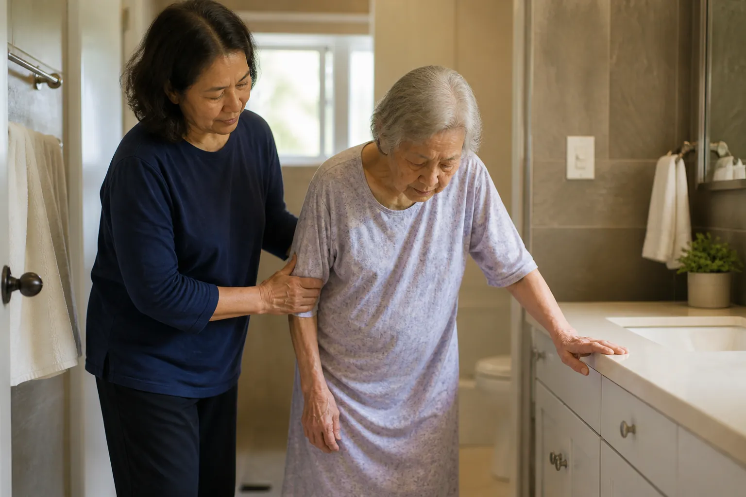 Older adult standing unsteadily in a bathroom while an adult child stays close for support