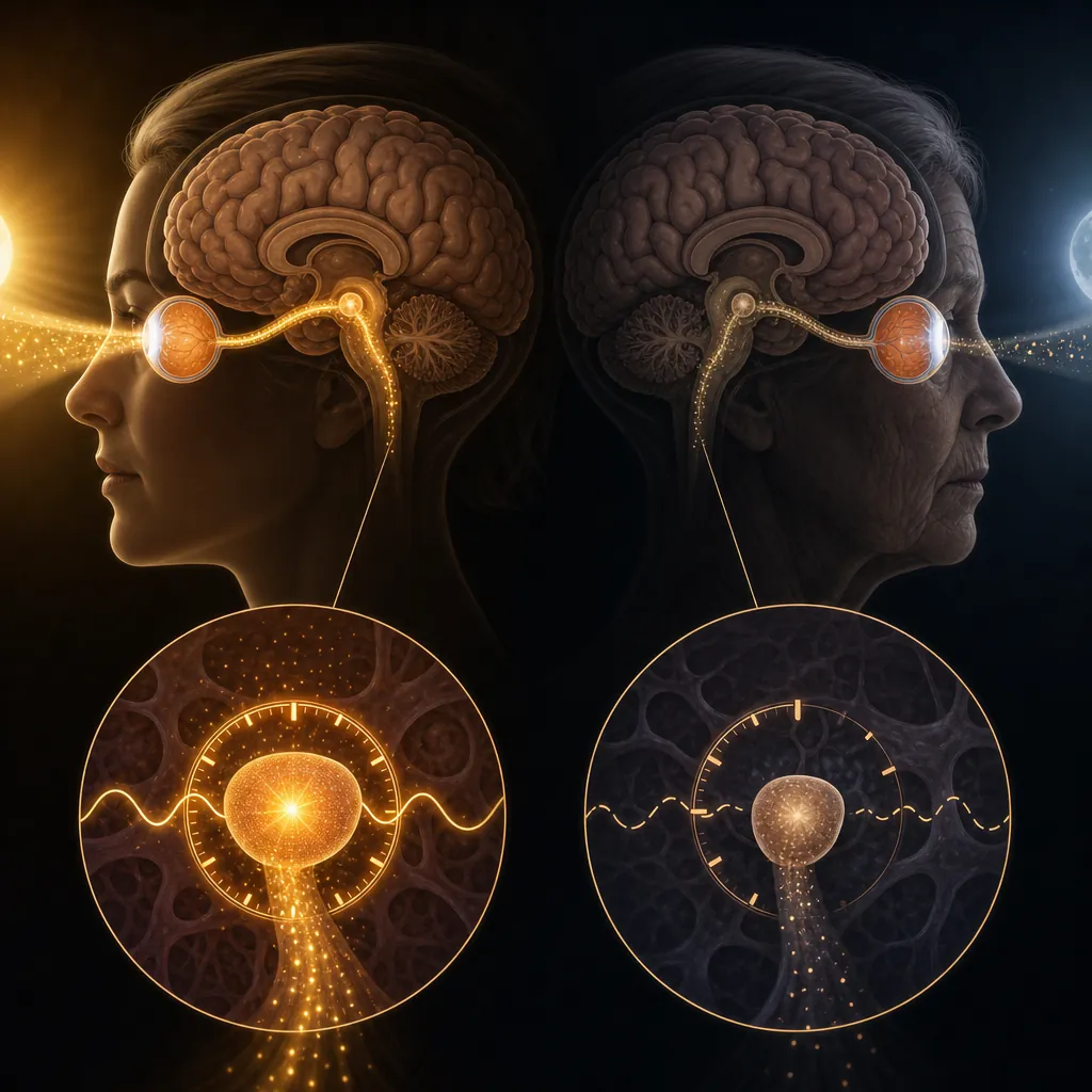 Illustration of light traveling from the eyes to the suprachiasmatic nucleus with a weakened circadian signal on one side