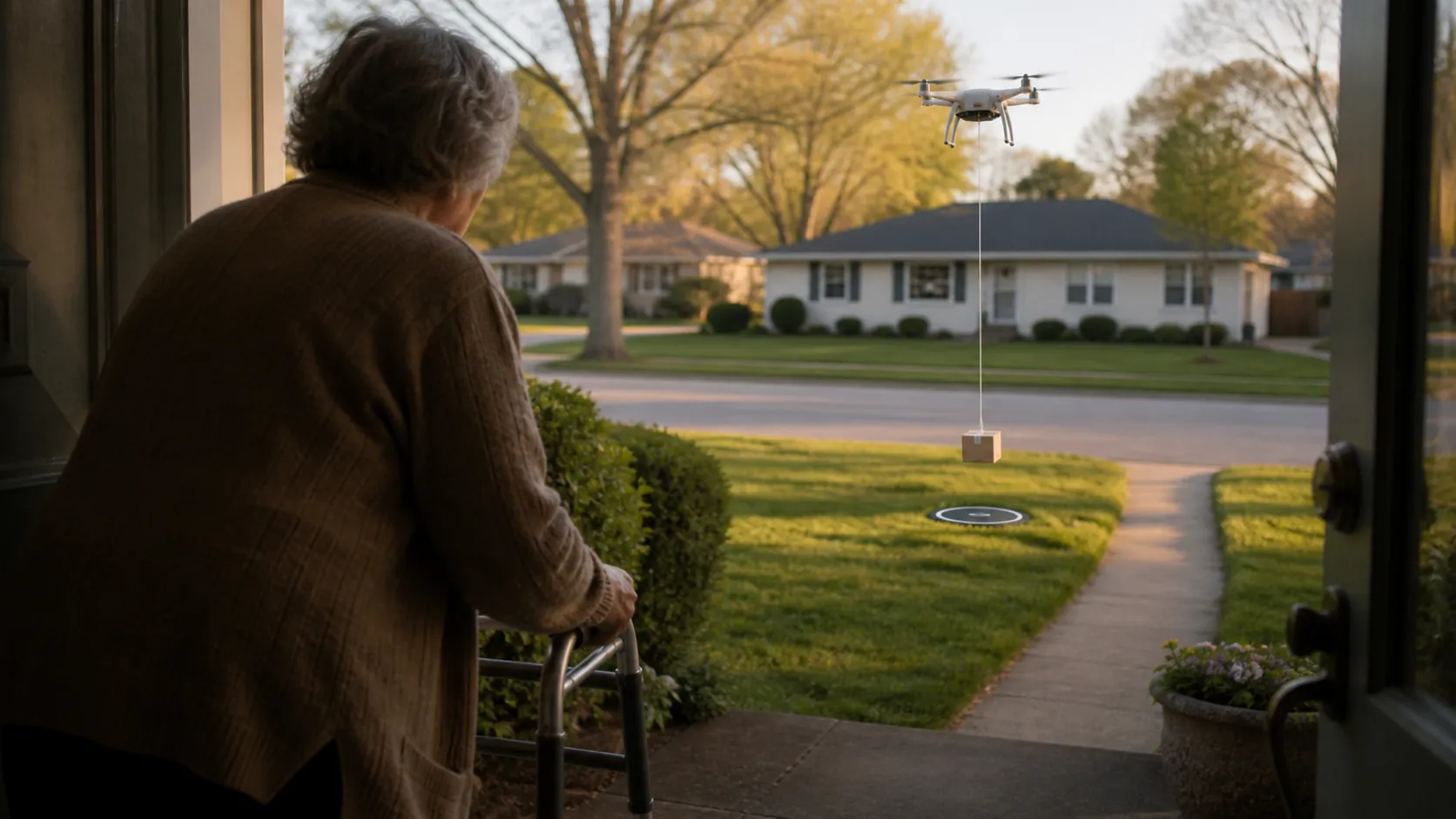 A small drone lowering a package into a suburban yard while an older adult with a walker waits at the doorway