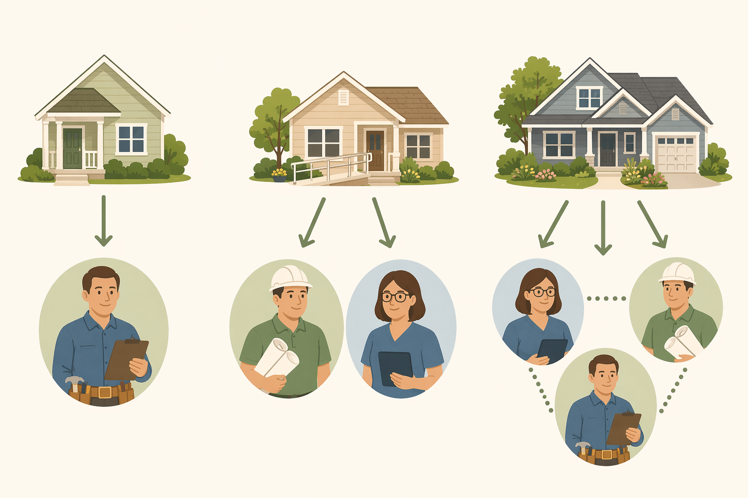 An editorial flat-vector illustration showing three decision-pathway scenarios: a simple single-arrow path for basic projects, a two-arrow path for moderate modifications, and a three-arrow triangular path for complex multi-room projects.