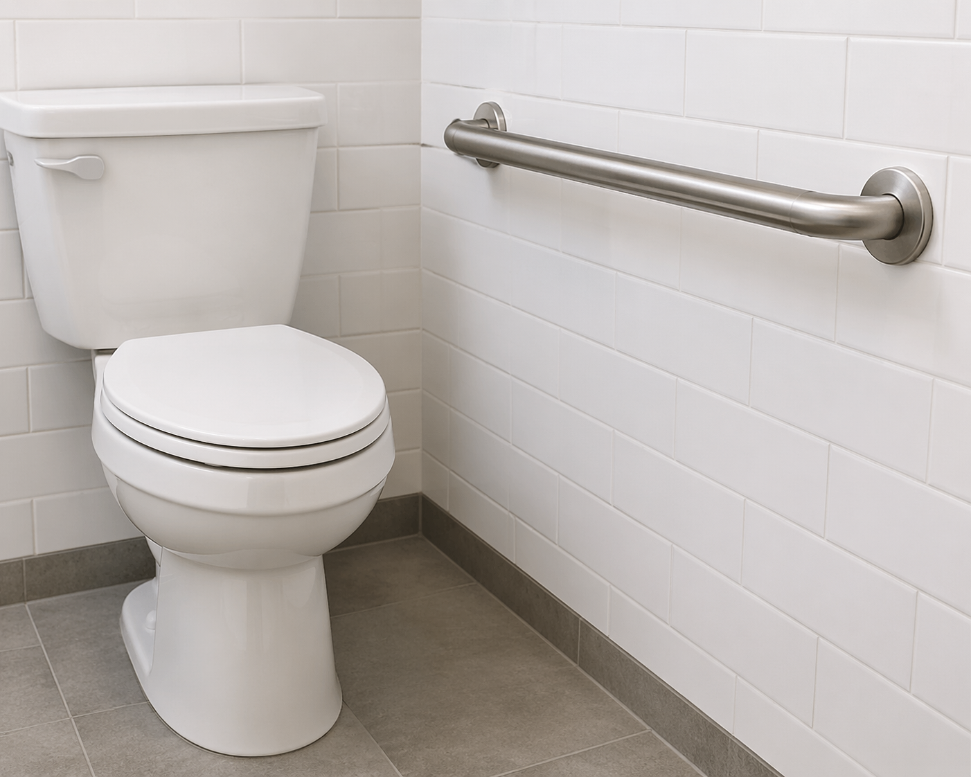 Toilet side-wall grab bar starting forward of the bowl centerline