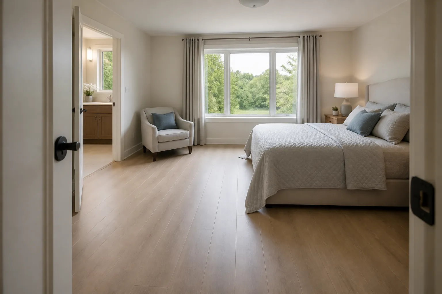Senior bedroom with attached bathroom and a clear walking path from the doorway to the bed