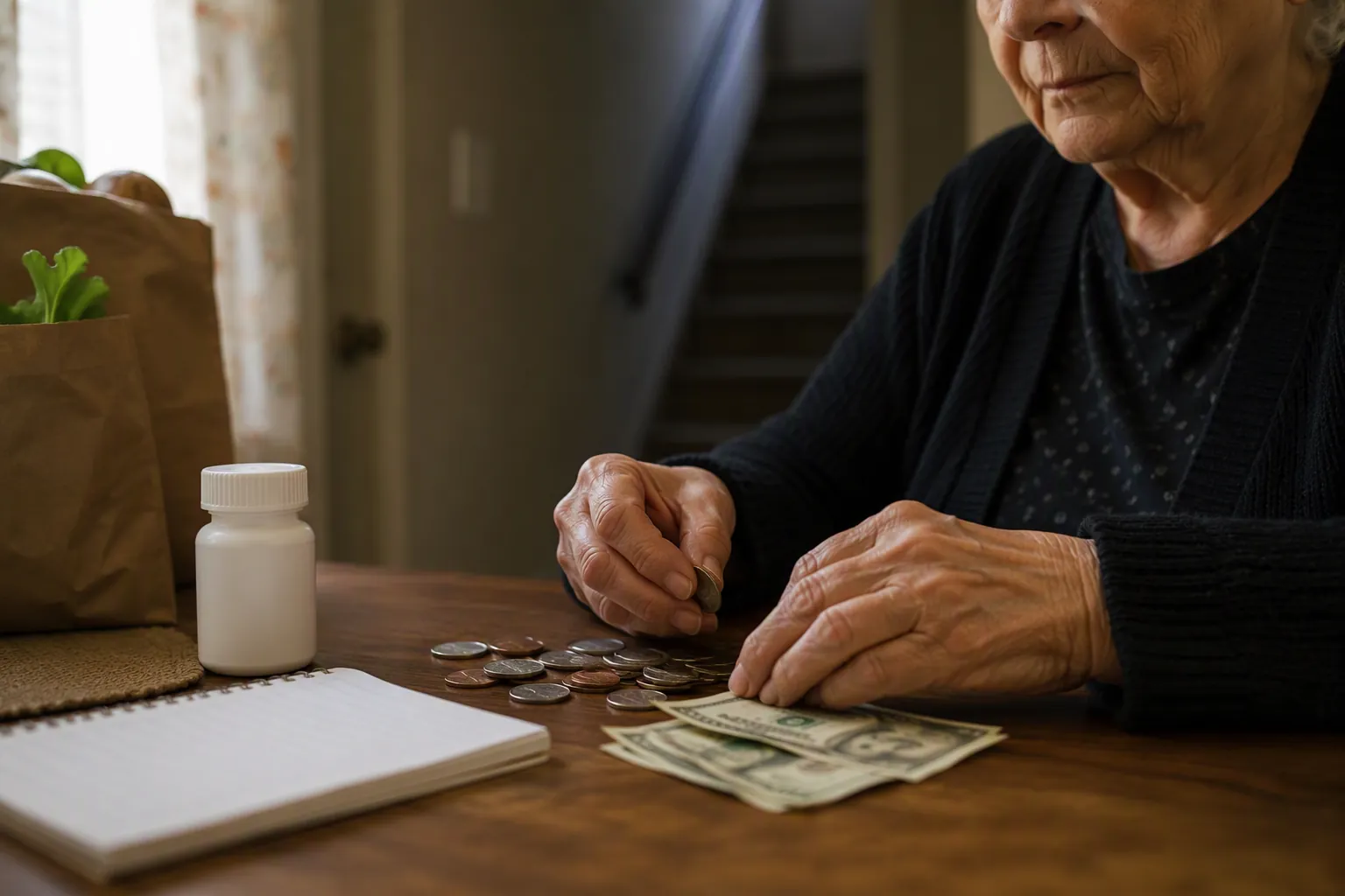 Older adult sorting coins and bills beside a pill bottle and grocery list at a kitchen table, with a dim stairway in the background