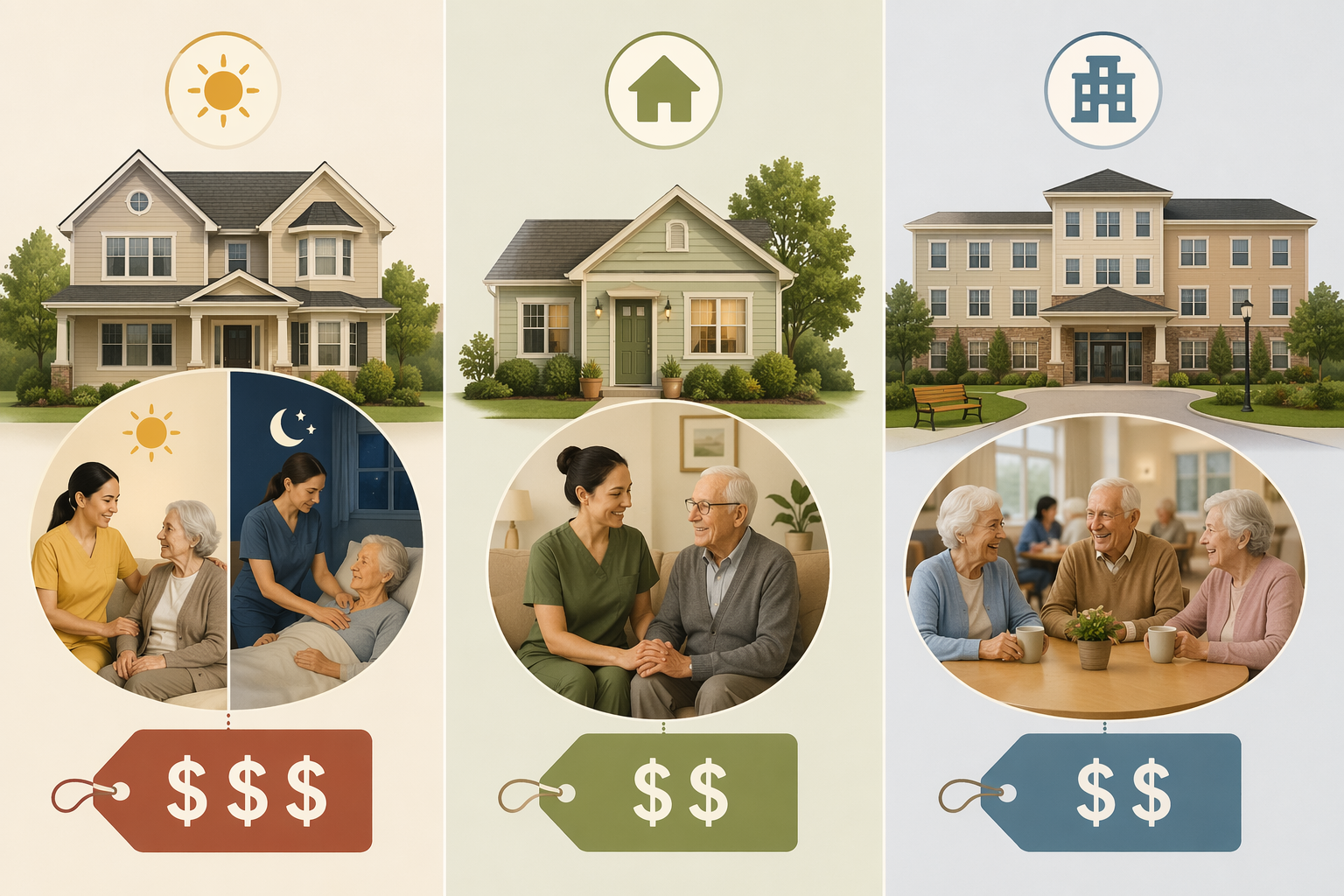 Editorial comparison illustration showing three senior care options side-by-side: 24/7 rotating shift home care with a large house and two caregiver figures at a higher cost level, live-in care with a smaller house and one caregiver at a moderate cost level, and assisted living with a building icon at a moderate cost level.