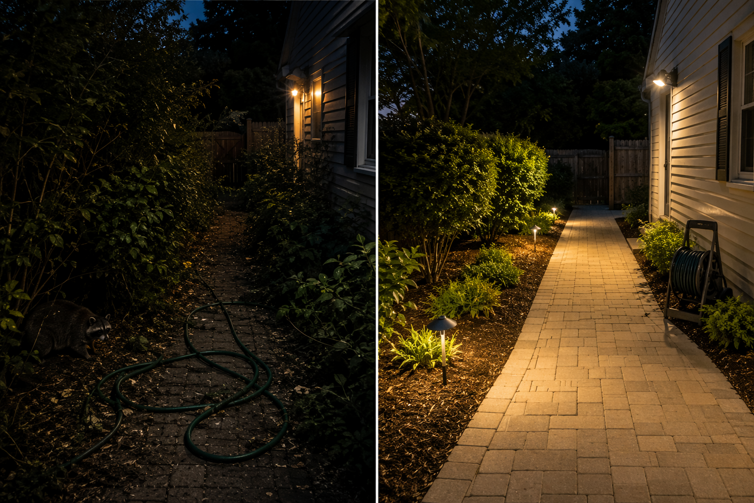 Backyard path comparison showing overgrown dim walkway with hose and raccoon beside a cleared, well-lit path with trimmed shrubs