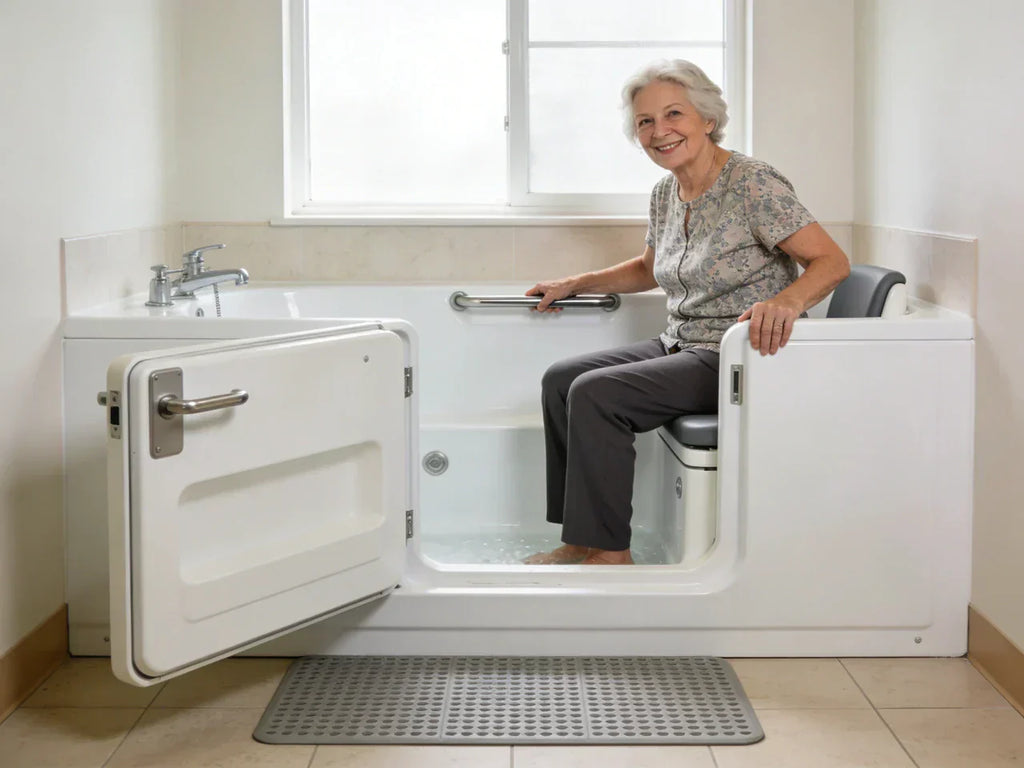 Walk-in tub with a side door, grab bars, built-in seat, and water controls