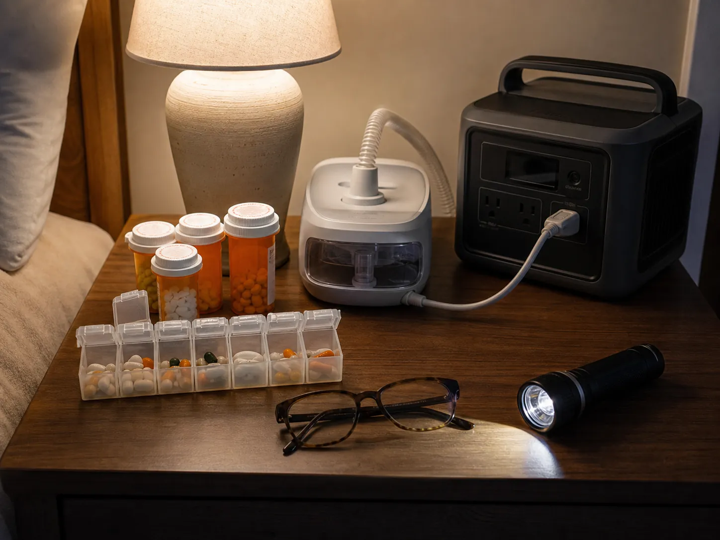 Nightstand prepared for a power outage with a pill organizer, medicine bottles, reading glasses, flashlight, portable power station, and CPAP-style breathing device