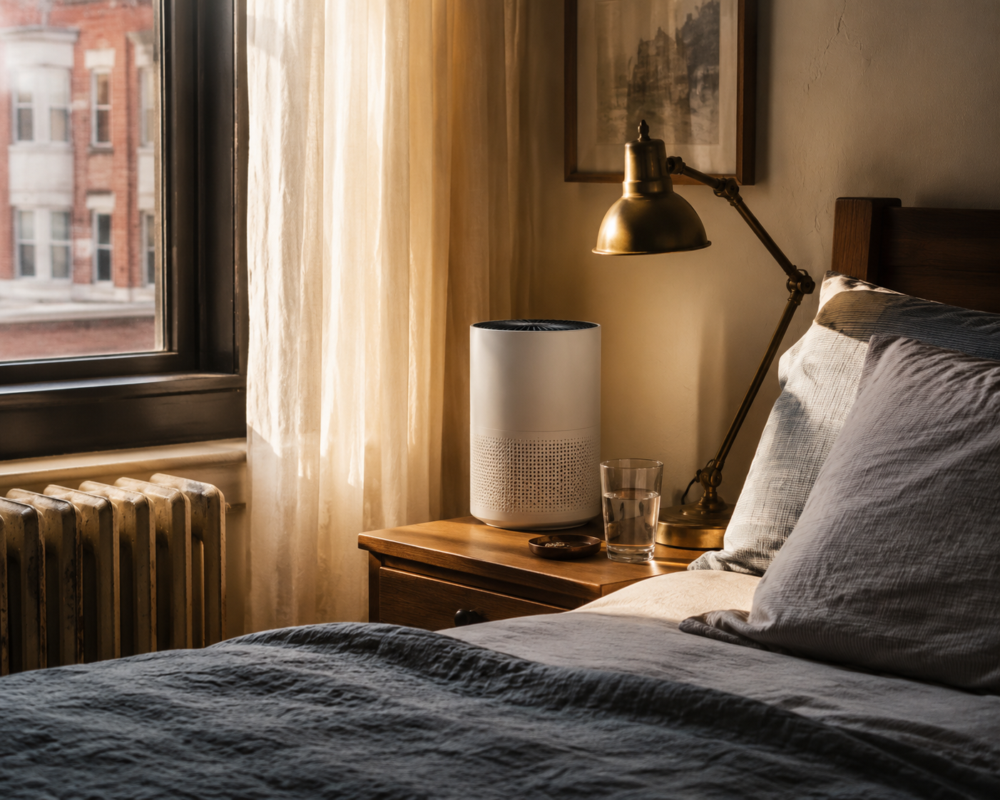 Bedroom in an older home with a HEPA air purifier on a nightstand