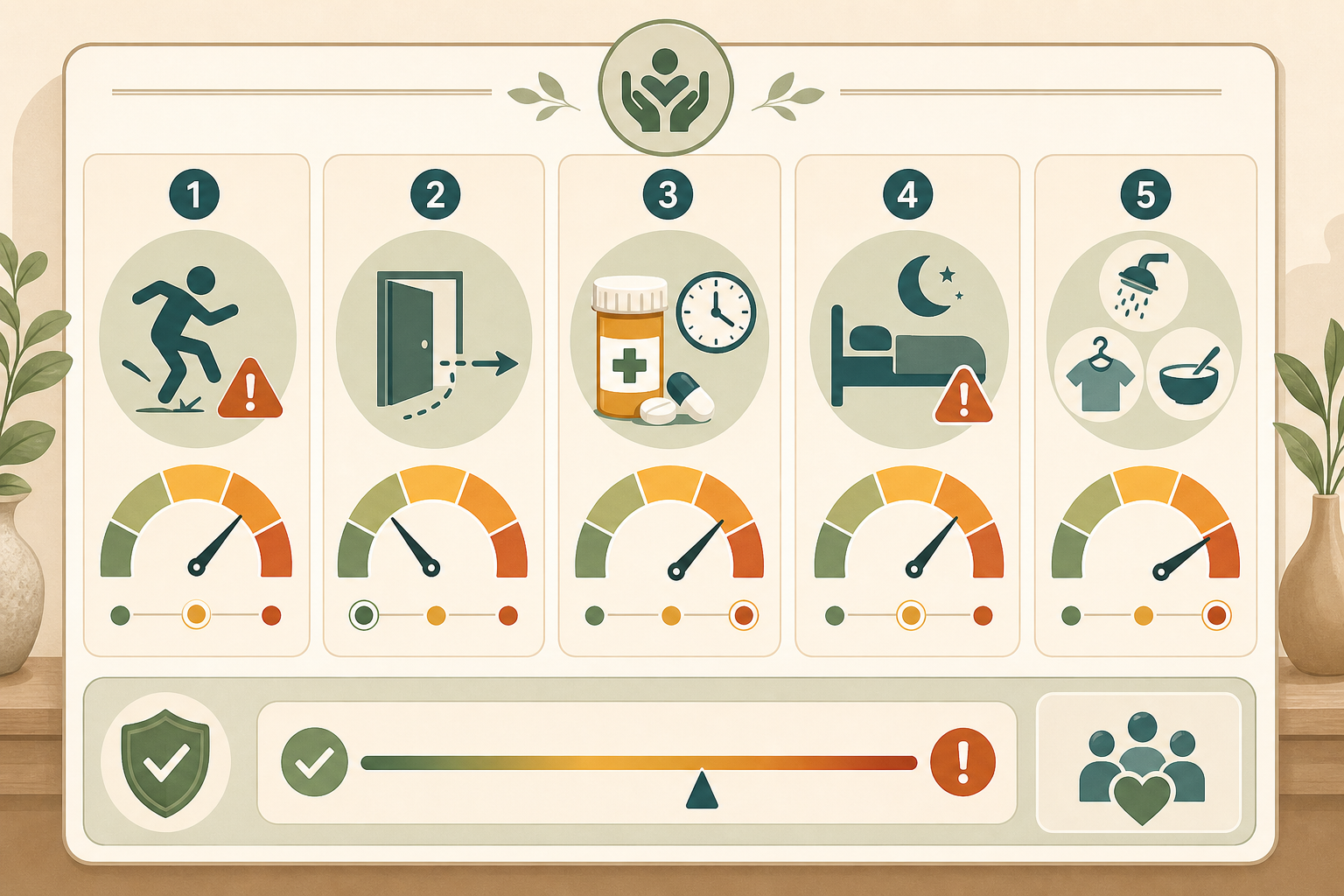 Editorial illustration of a decision matrix with five risk categories: fall risk, wandering, medication, nighttime needs, and ADL dependency, each with a low-to-high visual indicator.