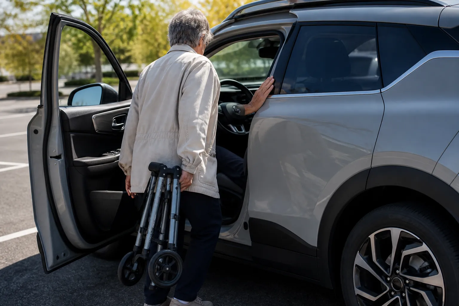Older adult preparing to enter a modern electric SUV while holding a folded rollator walker