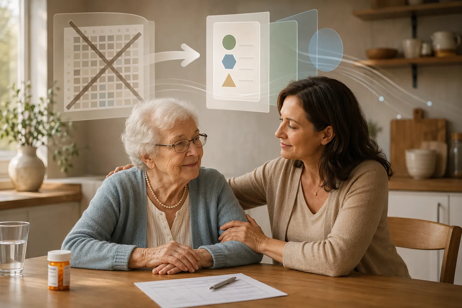 Older adult and adult daughter reviewing a doctor note and medication bottle at a kitchen table