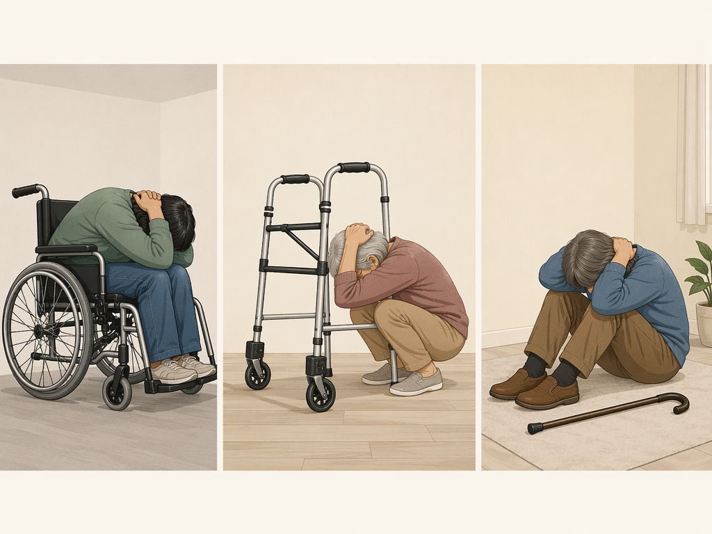 Adapted earthquake safety positions for a wheelchair user, walker user, and cane user