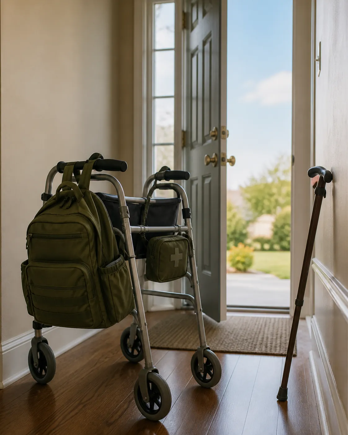 Rollator walker by an open doorway with a packed emergency bag, labeled medical pouch, and folded cane nearby