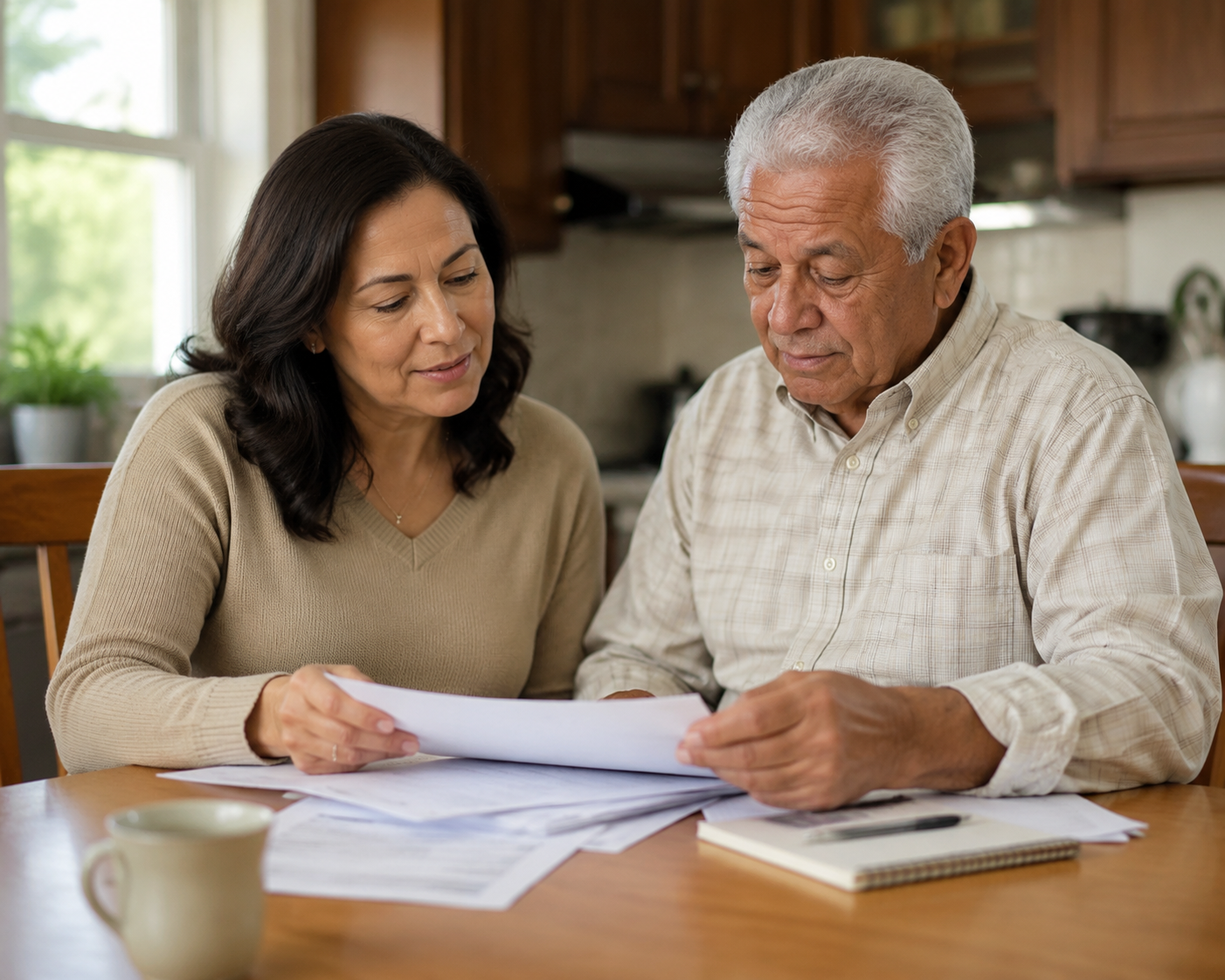 An adult daughter and elderly father review medical documents together at a kitchen table