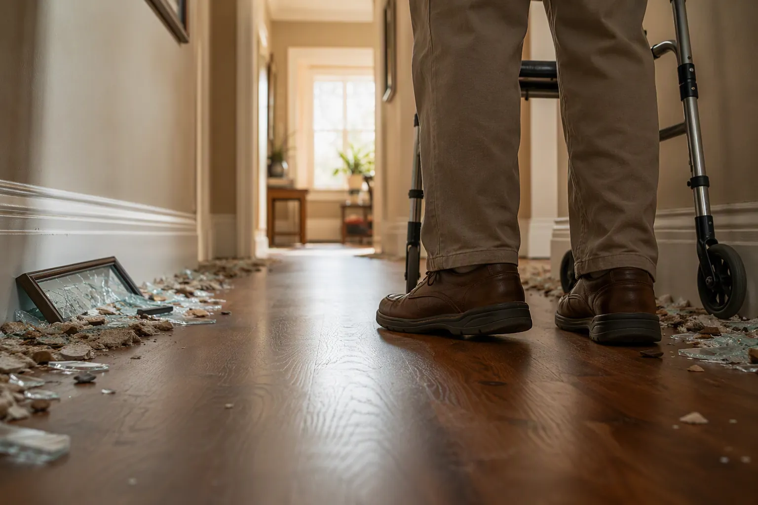 Sturdy shoes, a clear hallway path, and a walker within reach after an earthquake