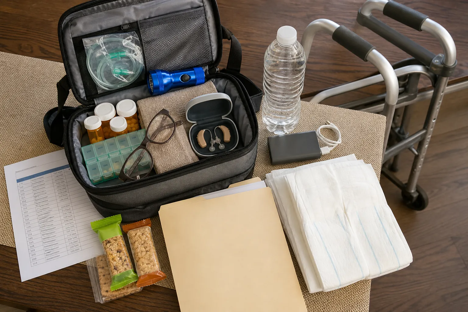Senior emergency go-bag with medications, glasses, oxygen tubing, hearing aid case, documents, charger, water, snacks, and walker