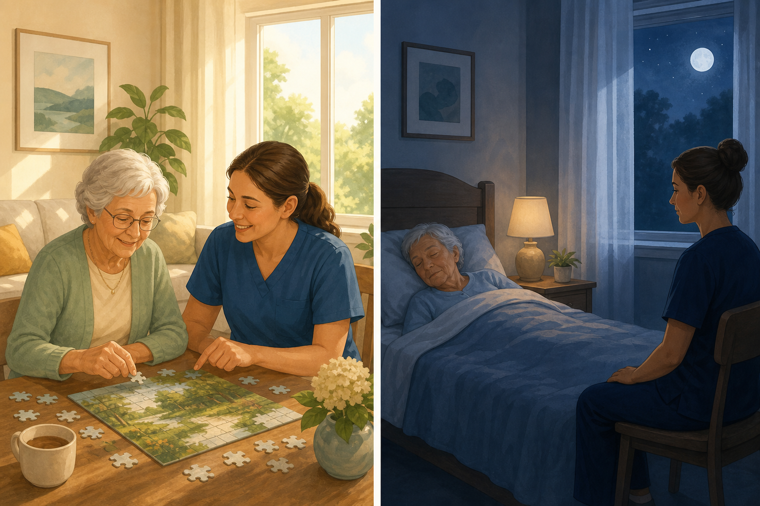 Side-by-side editorial illustration comparing daytime care on the left with overnight care on the right.