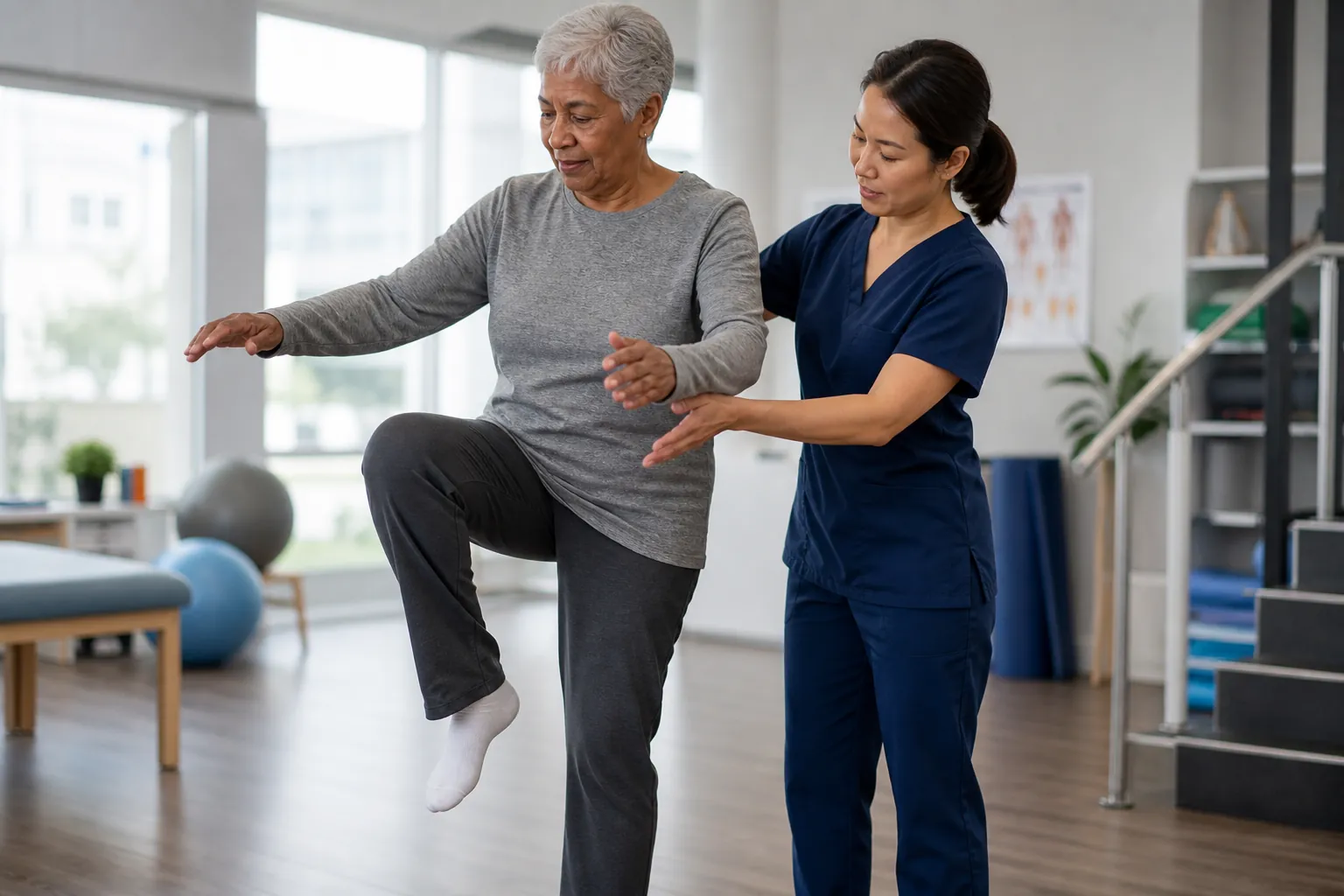 Physical therapist guiding an older adult through a one-leg balance assessment in a clinic gym
