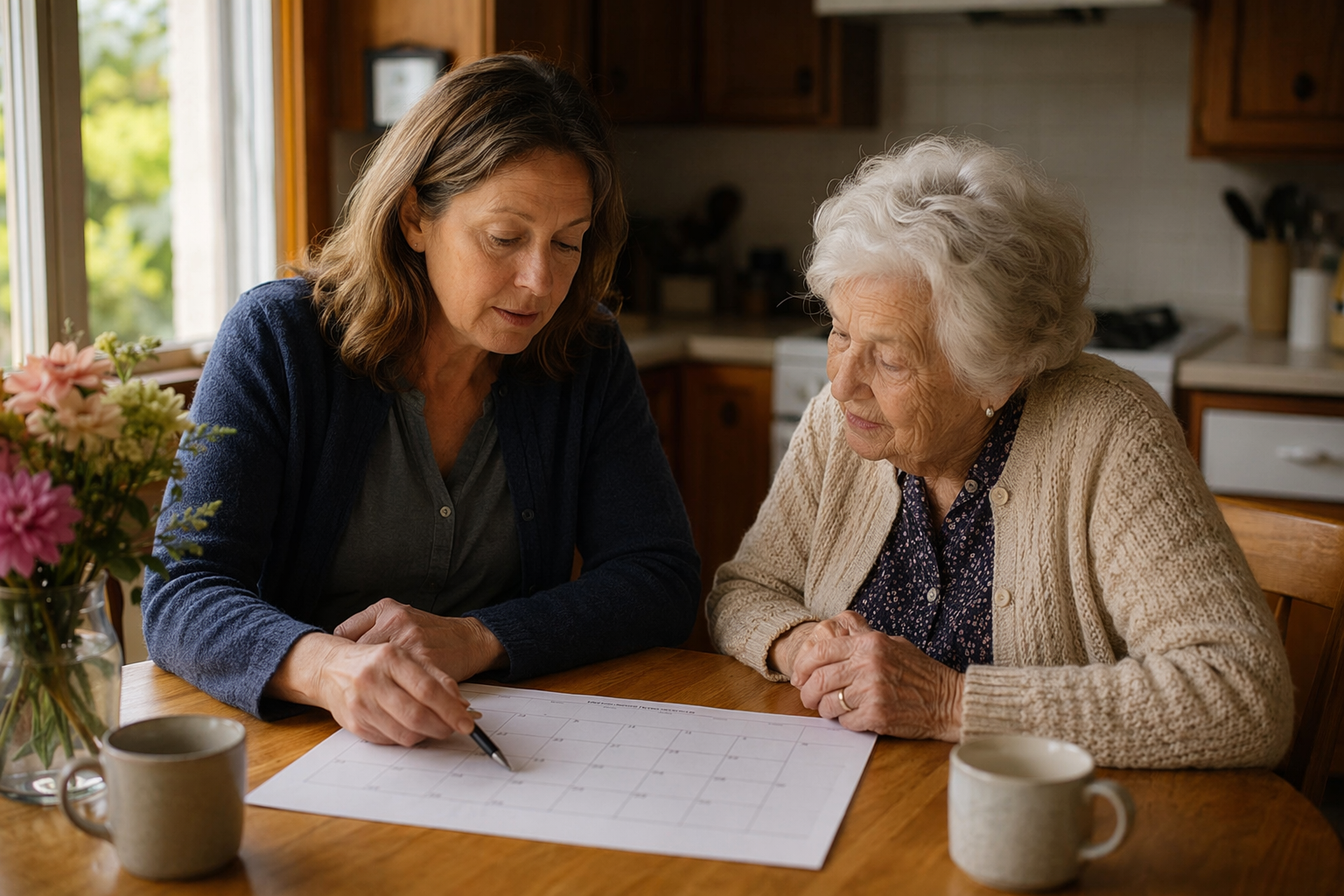 Adult daughter and elderly mother looking over a calendar together at a kitchen table