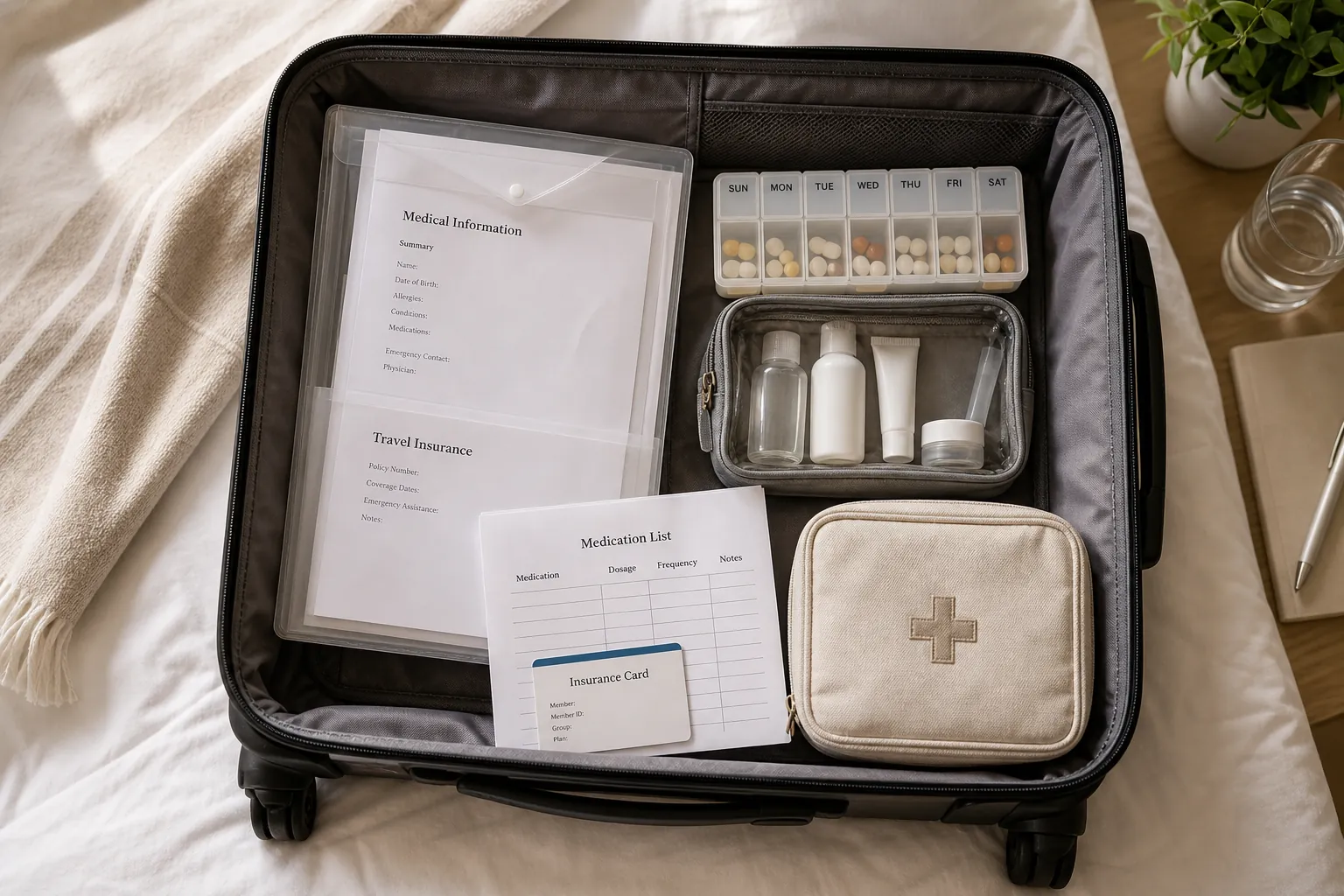 Carry-on suitcase with medical and insurance papers, a pill organizer, liquids pouch, insurance card, and first-aid kit
