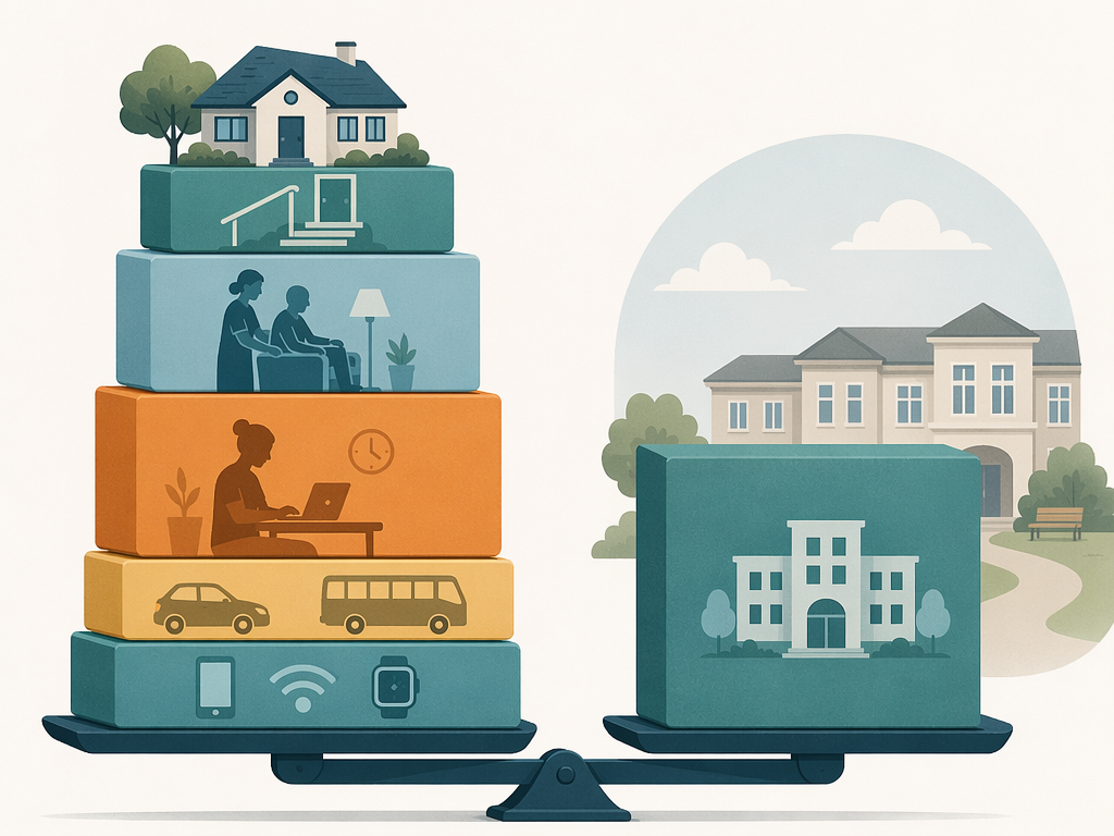 A clean editorial illustration showing two cost structures side by side: on the left, a tall stack of layered blocks representing hidden aging-in-place costs (home modifications, home care, foregone caregiver income, transportation and technology); on the right, a single consolidated block representing assisted living's more predictable monthly cost.