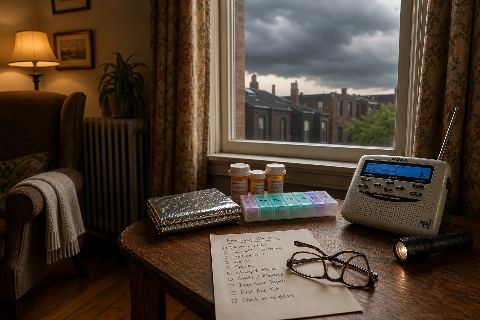 NOAA weather radio, medication organizer, flashlight, emergency blanket, and checklist on a table inside a Boston apartment as storm clouds gather outside