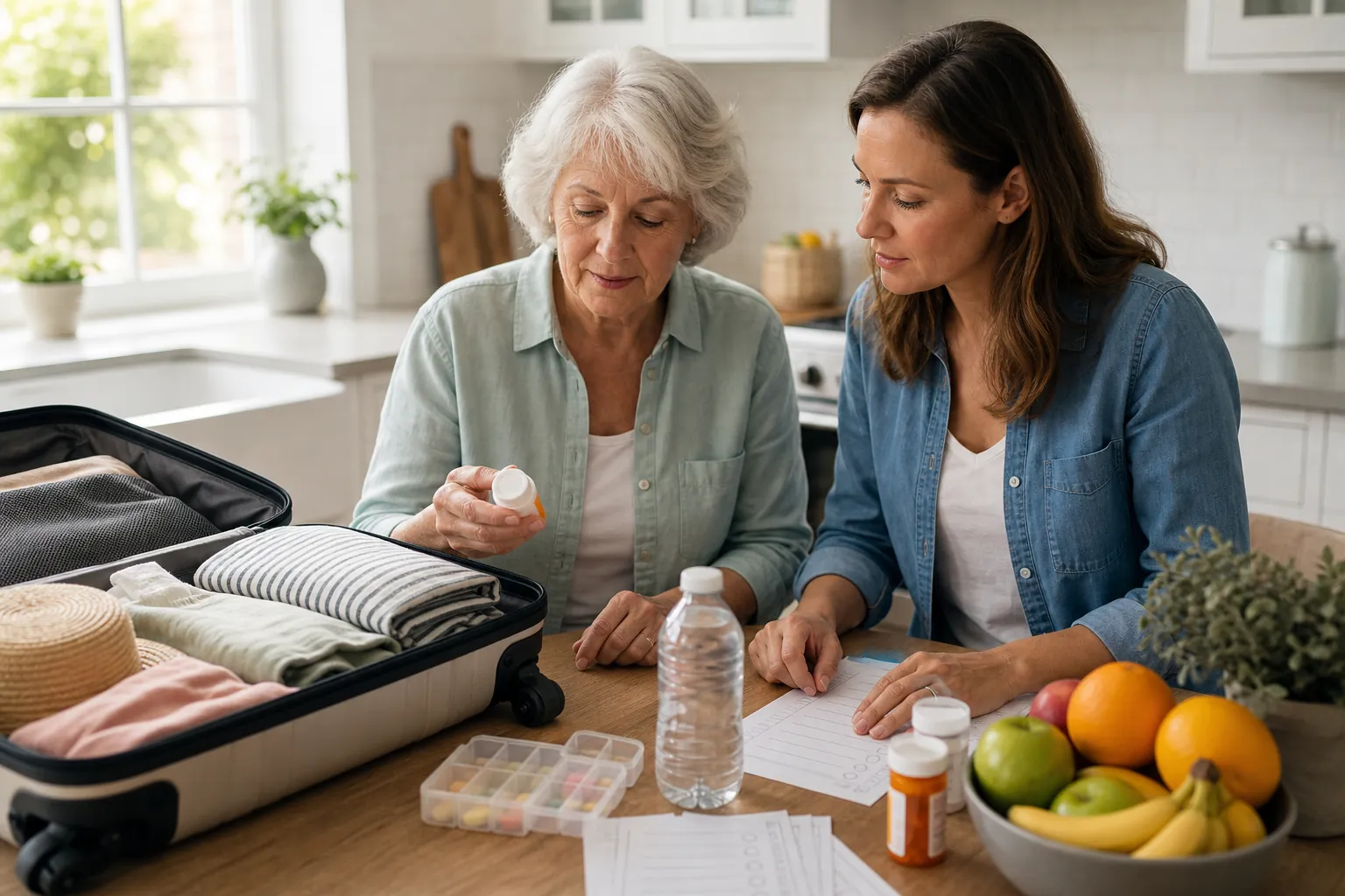 Senior woman and adult daughter planning a trip at a kitchen table with suitcase, checklist, water, pill organizer, prescriptions, and whole fruit