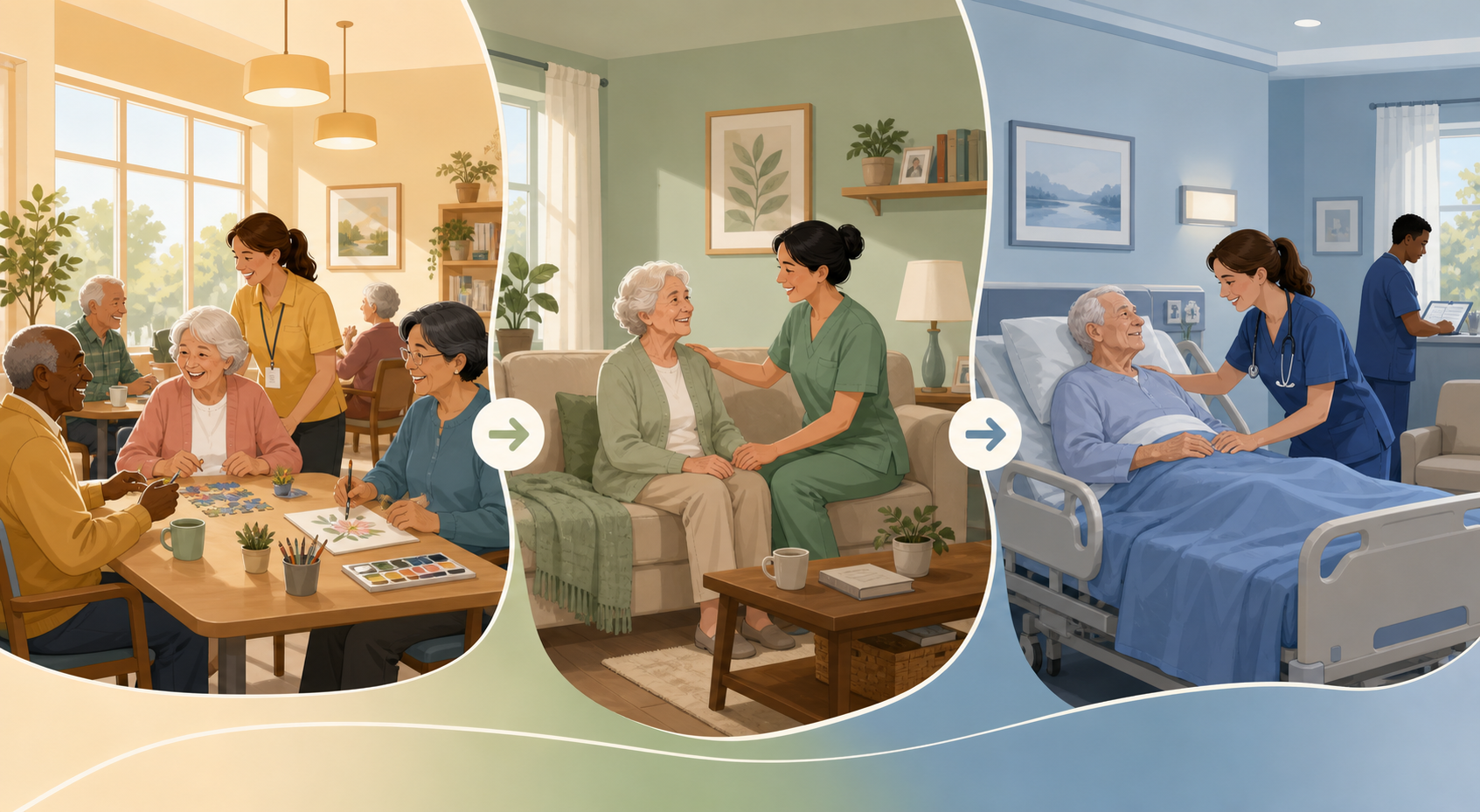 Three-zone decision framework illustration showing adult day care social group (amber), in-home care setting (sage green), and nursing home residential care (soft blue), with subtle flow arrows suggesting progression across care needs levels.