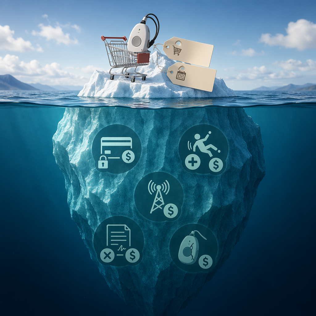 Iceberg illustration showing above-water costs (pendant and monthly fee) and below-water hidden costs including activation fees, fall detection add-ons, cellular data plans, contract penalties, and device replacement fees.