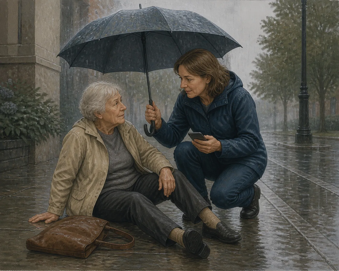 Caregiver kneeling beside an older adult after a rainy sidewalk slip while holding an umbrella and phone
