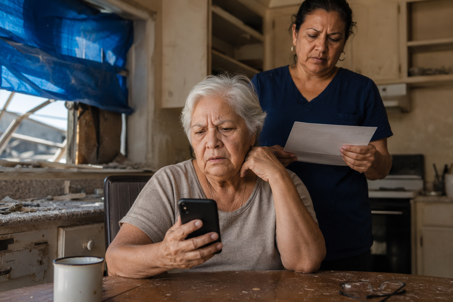 An older adult sits at a kitchen table after storm damage while a caregiver reads a document and the person checks a smartphone warily.