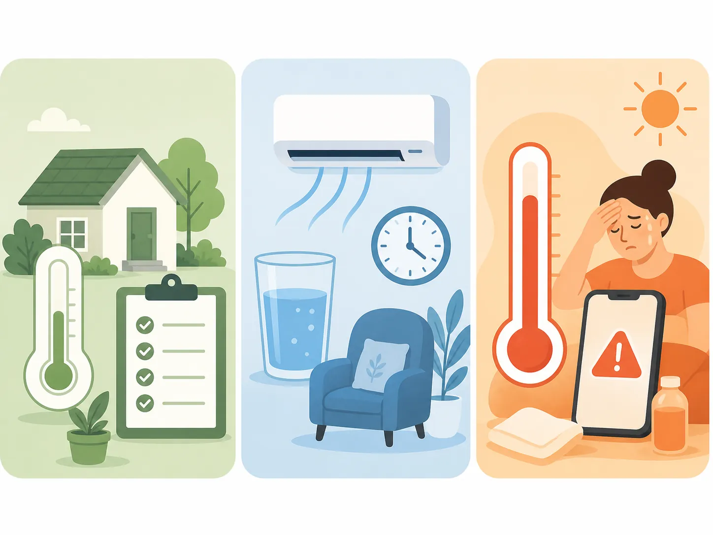 Three-panel illustration of a home heat safety plan with a house checklist, water and air conditioning, and an emergency phone alert