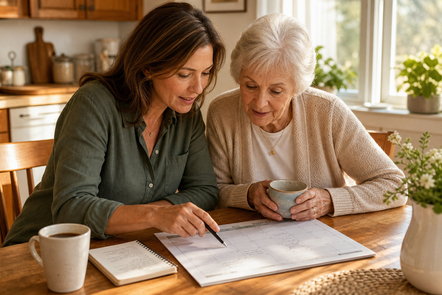 An adult daughter and her older mother sit at a wooden kitchen table reviewing a paper calendar together, with a coffee cup and notepad nearby, warm sunlight streaming from a window, conveying a calm and collaborative care partnership.