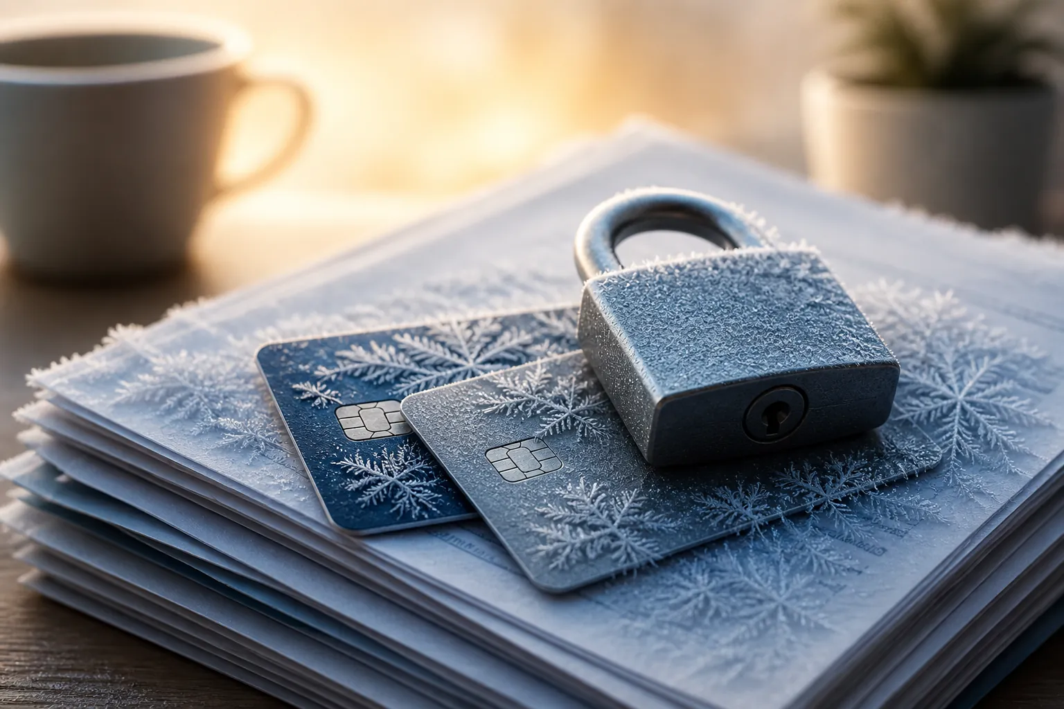 Financial documents and credit cards secured under a padlock with ice suggesting a credit freeze