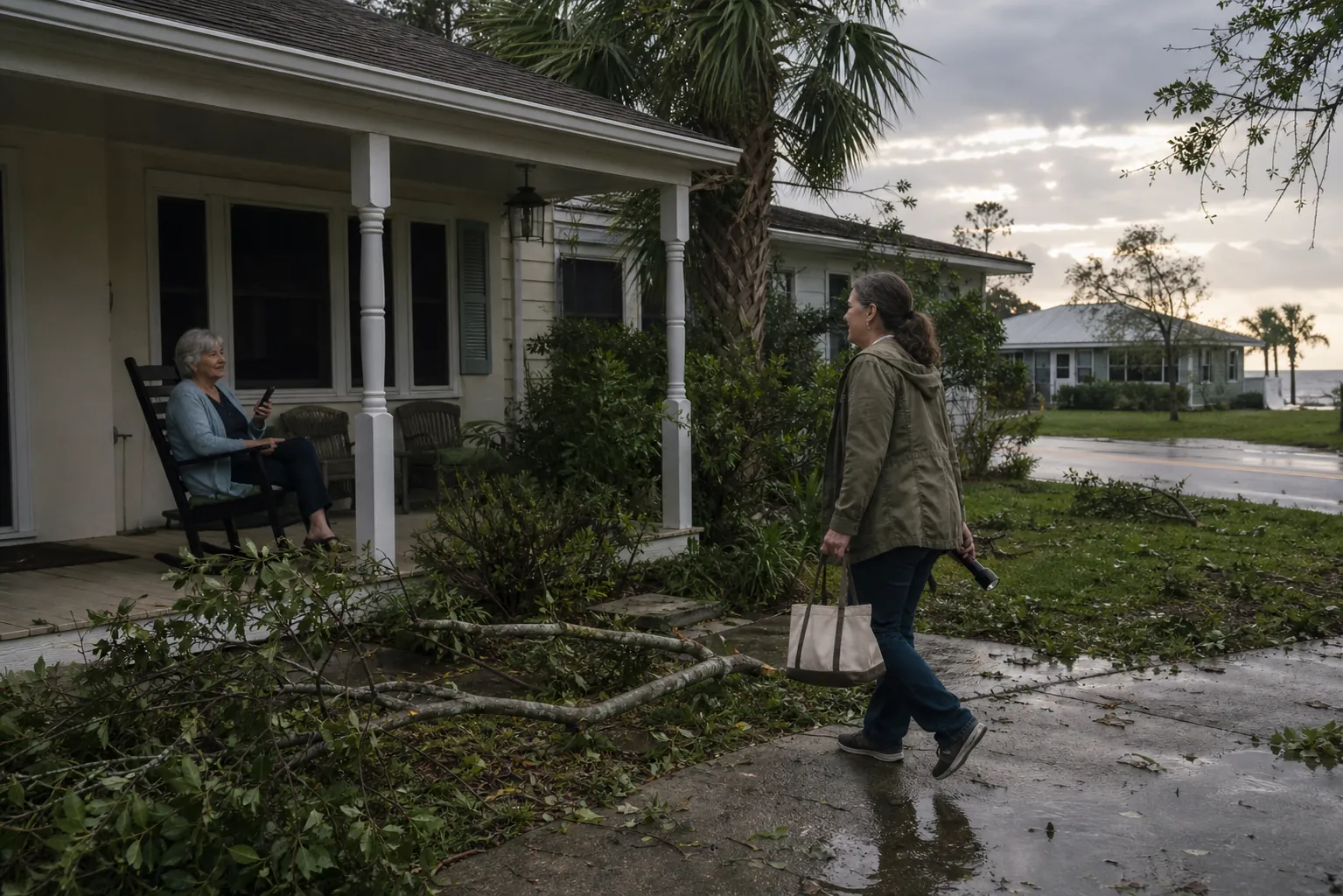 A quiet coastal street after a tropical storm, with a fallen branch, puddles, dark powerless windows, and an older woman on a porch as a middle-aged woman arrives with supplies