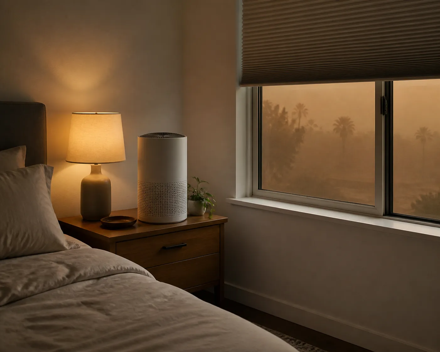 A bedroom set up as a clean-air room with a portable HEPA air purifier running beside the bed