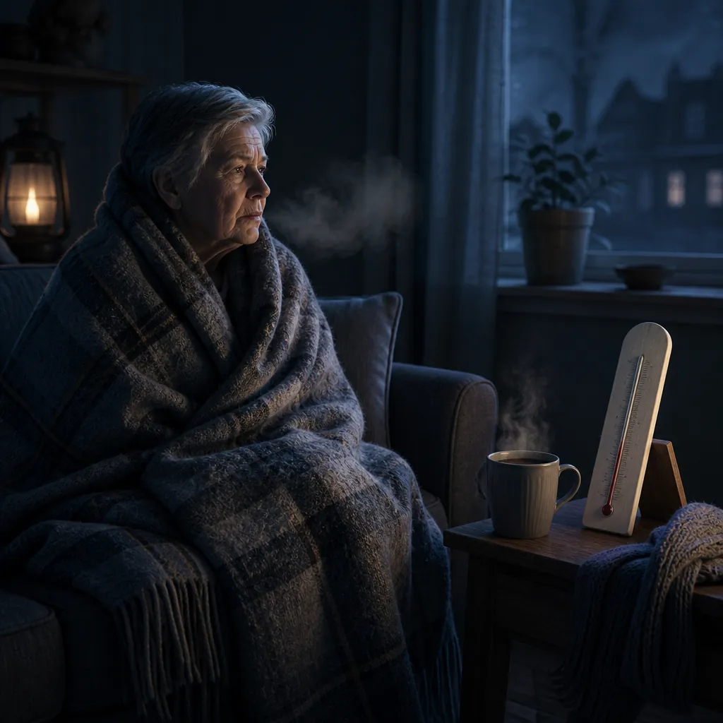 Older adult wrapped in a blanket in a cold dim room during a power outage with a low-reading thermometer nearby